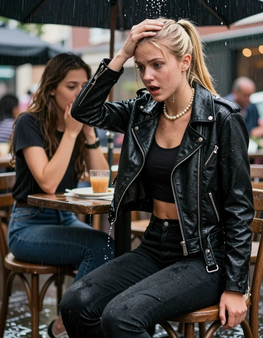 photo of young woman, in soaking wet, drenched clothes,
,  tight black skinny jeans, Black biker leatherjacket, crop top, Pearl necklace, bracelet, shoulderbag, 15-years-old teenage girl and her friend sitting under heavy rain at outdoor restaurant, enjoying wet clothes stuck body, 
enjoying, wet clothes stuck to body,
detailed textures of the wet clothes, wet face, wet plastered hair,
wet, drenched, professional, high-quality details, full body view.
sharp focus, ultra-high pixel detail, realistic, high-quality, full colors, incredibly detailed, 4k, 8k, 16k, hyper-realistic, RAW photo, masterpiece, ultra-detailed, professionally color graded, professional photograph, 15-years-old young teenage girl. blonde sleek long ponytail. afraid and astonished, open mouth, big eyes. holding her hand over her head. looking slightly down. wet skin, wet clothes, water runs from her body and her clothes in streams. A lot of water also runs out of her clothes. Her clothes are darkened by the water. Her submerged clothes are clinging wet.  The girls wear different clothes., wet skin, wet clothes, damp fabric