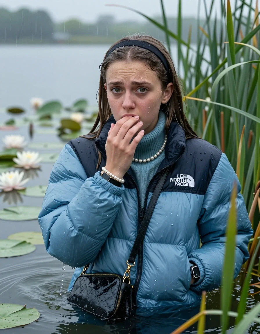 photo of young woman, in soaking wet, drenched clothes,
, , Light blue puffer down jacket from north face,  knit turtleneck sweater, handbag, pearl necklace, bracelet, wristwatch , Emerging after diving in a lake with water lilies and reeds, rain , 
enjoying, wet clothes stuck to body,
detailed textures of the wet clothes, wet face, wet plastered hair,
wet, drenched, professional, high-quality details, full body view.
sharp focus, ultra-high pixel detail, realistic, high-quality, full colors, incredibly detailed, 4k, 8k, 16k, hyper-realistic, RAW photo, masterpiece, ultra-detailed, professionally color graded, professional photograph, Sleek long straight hair, hairband

19 years old  teenage girl

Hold her hand on her mouth, open mouth, big eyes

she is completely underwater up to her neck, frustrated and sad expression.

She hides in the reeds and is surprised by spectators

her submerged clothes are hardly vusible under water, she soaked her handbag into the water

close up view, wet skin, wet clothes, wet hair, damp fabric, water runs down the clothes, wet skin, wet clothes, damp fabric, wet skin, wet clothes, damp fabric, wet skin, wet clothes, damp fabric, wet skin, wet clothes, damp fabric, wet skin, wet clothes, damp fabric, wet skin, wet clothes, damp fabric, wet skin, wet clothes, damp fabric, wet skin, wet clothes, damp fabric, wet skin, wet clothes, damp fabric, wet skin, wet clothes, damp fabric, wet skin, wet clothes, damp fabric, wet skin, wet clothes, damp fabric, wet skin, wet clothes, damp fabric