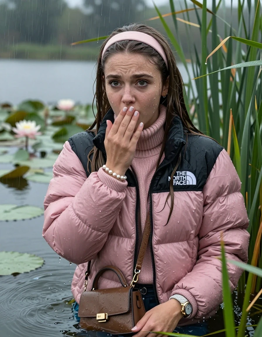 photo of young woman, in soaking wet, drenched clothes,
, , Light pink puffer down jacket from north face,  knit turtleneck sweater, handbag, pearl necklace, bracelet, wristwatch , Emerging after diving in a lake with water lilies and reeds, rain , 
enjoying, wet clothes stuck to body,
detailed textures of the wet clothes, wet face, wet plastered hair,
wet, drenched, professional, high-quality details, full body view.
sharp focus, ultra-high pixel detail, realistic, high-quality, full colors, incredibly detailed, 4k, 8k, 16k, hyper-realistic, RAW photo, masterpiece, ultra-detailed, professionally color graded, professional photograph, Sleek long straight hair, hairband

19 years old  teenage girl

Hold her hand on her mouth, open mouth, big eyes

she is completely underwater up to her neck, frustrated and sad expression.

She hides in the reeds and is surprised by spectators

her submerged clothes are hardly vusible under water, she soaked her handbag into the water

close up view, wet skin, wet clothes, wet hair, damp fabric, water runs down the clothes, wet skin, wet clothes, damp fabric, wet skin, wet clothes, damp fabric, wet skin, wet clothes, damp fabric, wet skin, wet clothes, damp fabric, wet skin, wet clothes, damp fabric, wet skin, wet clothes, damp fabric, wet skin, wet clothes, damp fabric, wet skin, wet clothes, damp fabric, wet skin, wet clothes, damp fabric, wet skin, wet clothes, damp fabric, wet skin, wet clothes, damp fabric, wet skin, wet clothes, damp fabric