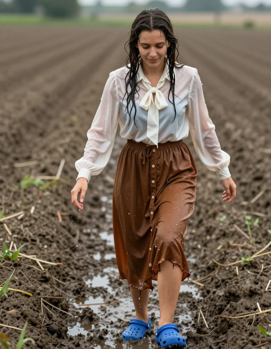 photo of young woman, in soaking wet, drenched clothes,
blue crocs, buttoned down brown long dress, long sleeved white silk blouse with bowtie underneath, fields, 
enjoying, wet clothes stuck to body,
detailed textures of the wet clothes, wet face, wet plastered hair,
wet, drenched, professional, high-quality details, full body view.
sharp focus, ultra-high pixel detail, realistic, high-quality, full colors, incredibly detailed, 4k, 8k, 16k, hyper-realistic, RAW photo, masterpiece, ultra-detailed, professionally color graded, professional photograph, trampling around in the mud happily, wet skin, wet clothes, damp fabric