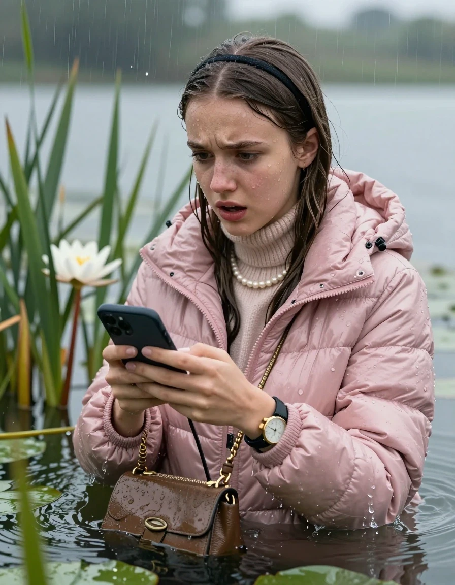 photo of young woman, in soaking wet, drenched clothes,
, , Light pink shiny puffer down jacket from monclare,  knit turtleneck sweater, handbag, pearl necklace, bracelet, wristwatch , Emerging after diving in a lake with water lilies and reeds, rain , 
enjoying, wet clothes stuck to body,
detailed textures of the wet clothes, wet face, wet plastered hair,
wet, drenched, professional, high-quality details, full body view.
sharp focus, ultra-high pixel detail, realistic, high-quality, full colors, incredibly detailed, 4k, 8k, 16k, hyper-realistic, RAW photo, masterpiece, ultra-detailed, professionally color graded, professional photograph, Sleek long straight hair, hairband

19 years old  teenage girl

open mouth, big eyes, hold her smartphone in her hands while sinking under water

she is completely underwater up to her neck, frustrated and sad expression.

She hides in the reeds and is surprised by spectators

her submerged clothes are hardly vusible under water, she soaked her handbag into the water

close up view, wet skin, wet clothes, wet hair, damp fabric, water runs down the clothes, wet skin, wet clothes, damp fabric, wet skin, wet clothes, damp fabric, wet skin, wet clothes, damp fabric, wet skin, wet clothes, damp fabric, wet skin, wet clothes, damp fabric, wet skin, wet clothes, damp fabric, wet skin, wet clothes, damp fabric, wet skin, wet clothes, damp fabric, wet skin, wet clothes, damp fabric, wet skin, wet clothes, damp fabric, wet skin, wet clothes, damp fabric, wet skin, wet clothes, damp fabric, wet skin, wet clothes, damp fabric