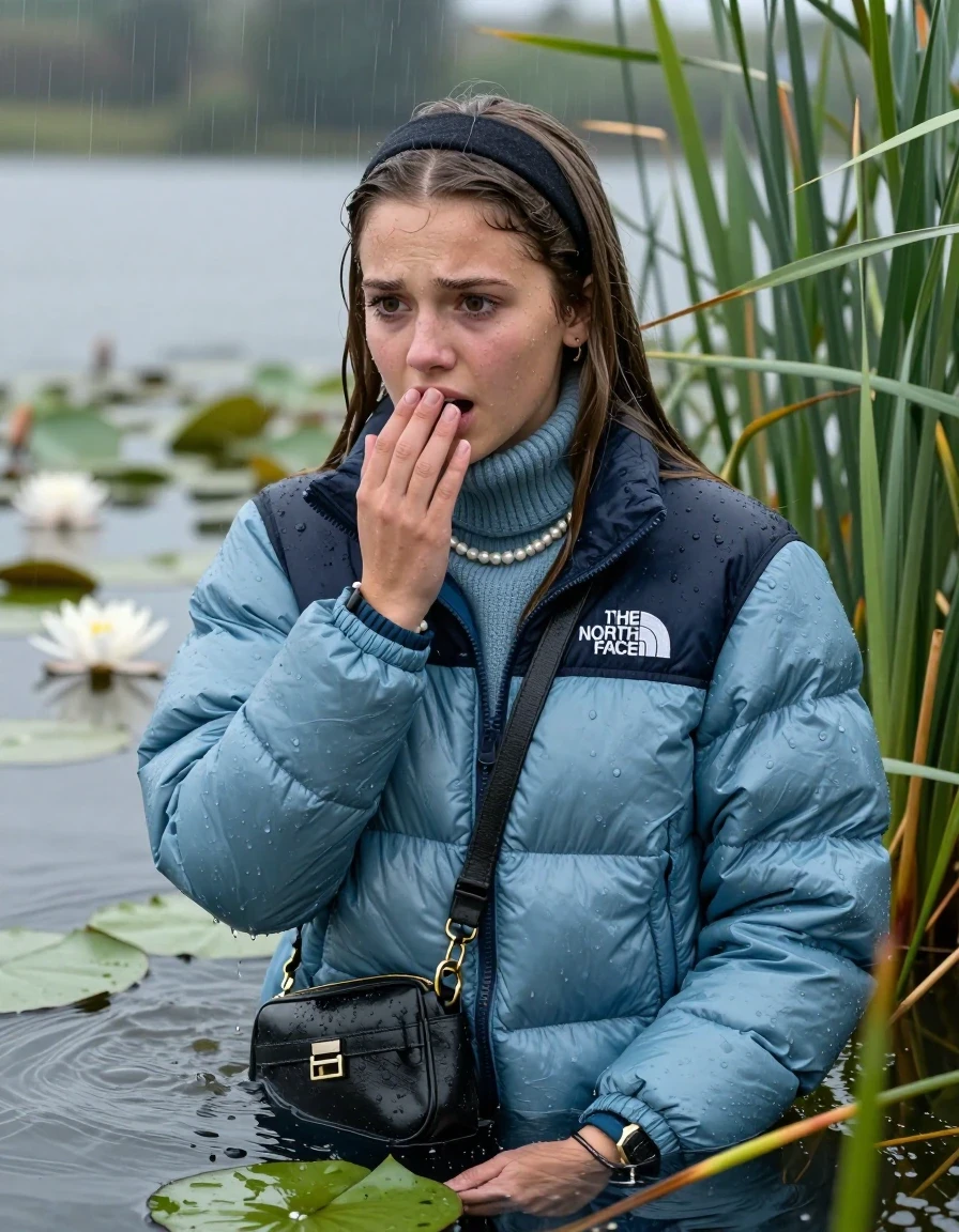 photo of young woman, in soaking wet, drenched clothes,
, , Light blue puffer down jacket from north face,  knit turtleneck sweater, handbag, pearl necklace, bracelet, wristwatch , Emerging after diving in a lake with water lilies and reeds, rain , 
enjoying, wet clothes stuck to body,
detailed textures of the wet clothes, wet face, wet plastered hair,
wet, drenched, professional, high-quality details, full body view.
sharp focus, ultra-high pixel detail, realistic, high-quality, full colors, incredibly detailed, 4k, 8k, 16k, hyper-realistic, RAW photo, masterpiece, ultra-detailed, professionally color graded, professional photograph, Sleek long straight hair, hairband

19 years old  teenage girl

Hold her hand on her mouth, open mouth, big eyes

she is completely underwater up to her neck, frustrated and sad expression.

She hides in the reeds and is surprised by spectators

her submerged clothes are hardly vusible under water, she soaked her handbag into the water

close up view, wet skin, wet clothes, wet hair, damp fabric, water runs down the clothes, wet skin, wet clothes, damp fabric, wet skin, wet clothes, damp fabric, wet skin, wet clothes, damp fabric, wet skin, wet clothes, damp fabric, wet skin, wet clothes, damp fabric, wet skin, wet clothes, damp fabric, wet skin, wet clothes, damp fabric, wet skin, wet clothes, damp fabric, wet skin, wet clothes, damp fabric, wet skin, wet clothes, damp fabric, wet skin, wet clothes, damp fabric, wet skin, wet clothes, damp fabric, wet skin, wet clothes, damp fabric