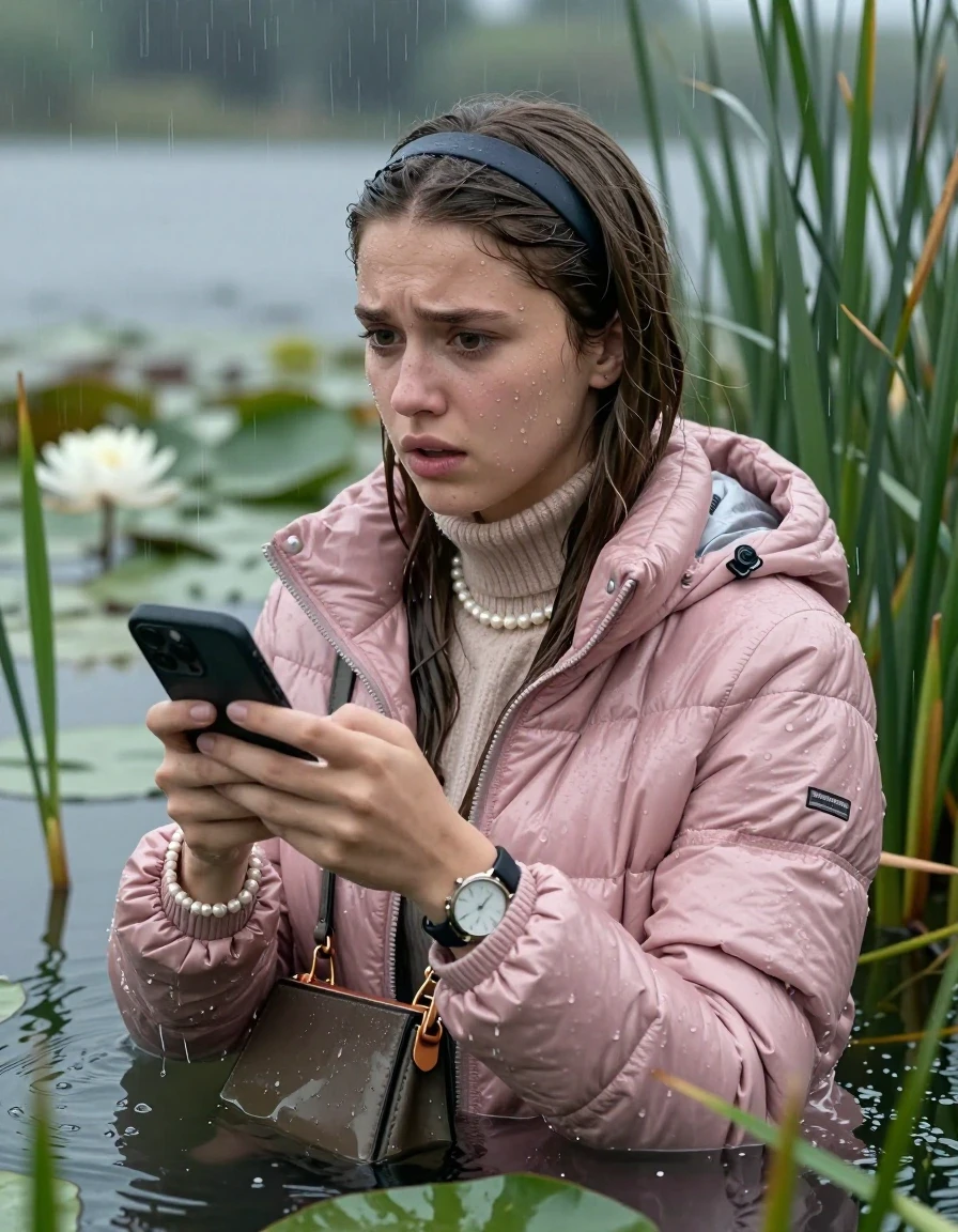 photo of young woman, in soaking wet, drenched clothes,
, , Light pink shiny puffer down jacket from monclare,  knit turtleneck sweater, handbag, pearl necklace, bracelet, wristwatch , Emerging after diving in a lake with water lilies and reeds, rain , 
enjoying, wet clothes stuck to body,
detailed textures of the wet clothes, wet face, wet plastered hair,
wet, drenched, professional, high-quality details, full body view.
sharp focus, ultra-high pixel detail, realistic, high-quality, full colors, incredibly detailed, 4k, 8k, 16k, hyper-realistic, RAW photo, masterpiece, ultra-detailed, professionally color graded, professional photograph, Sleek long straight hair, hairband

19 years old  teenage girl

open mouth, big eyes, hold her smartphone in her hands. Looking to the side.

she is completely underwater up to her neck, frustrated and sad expression.

She hides in the reeds and is surprised by spectators

her submerged clothes are hardly vusible under water, she soaked her handbag into the water

close up view, wet skin, wet clothes, wet hair, damp fabric, water runs down the clothes, wet skin, wet clothes, damp fabric, wet skin, wet clothes, damp fabric, wet skin, wet clothes, damp fabric, wet skin, wet clothes, damp fabric, wet skin, wet clothes, damp fabric, wet skin, wet clothes, damp fabric, wet skin, wet clothes, damp fabric, wet skin, wet clothes, damp fabric, wet skin, wet clothes, damp fabric, wet skin, wet clothes, damp fabric, wet skin, wet clothes, damp fabric, wet skin, wet clothes, damp fabric, wet skin, wet clothes, damp fabric, wet skin, wet clothes, damp fabric