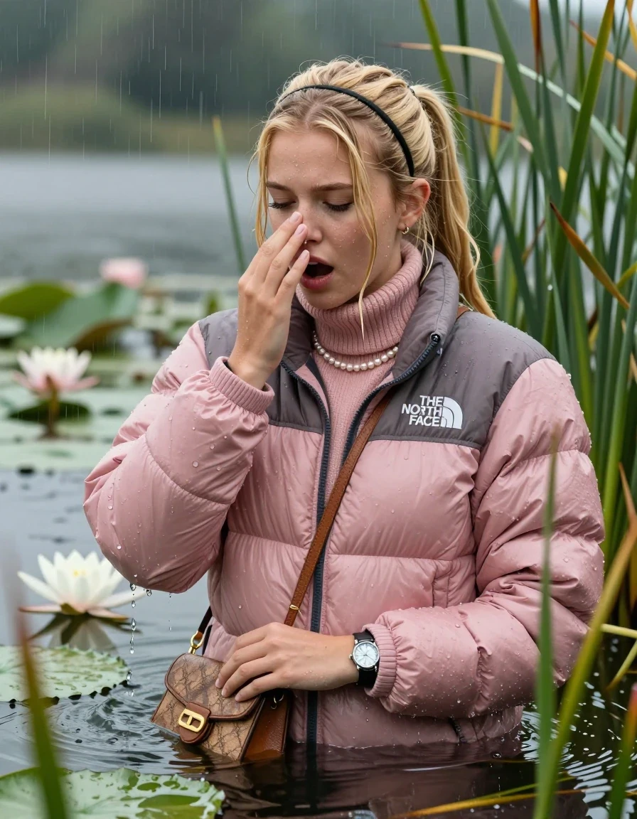 photo of young woman, in soaking wet, drenched clothes,
, , Light pink puffer down jacket from north face,  knit turtleneck sweater, handbag, pearl necklace, bracelet, wristwatch , Emerging after diving in a lake with water lilies and reeds, rain , 
enjoying, wet clothes stuck to body,
detailed textures of the wet clothes, wet face, wet plastered hair,
wet, drenched, professional, high-quality details, full body view.
sharp focus, ultra-high pixel detail, realistic, high-quality, full colors, incredibly detailed, 4k, 8k, 16k, hyper-realistic, RAW photo, masterpiece, ultra-detailed, professionally color graded, professional photograph, Blonde Sleek long ponytail with bangs, hairband

18-years-old  teenage girl

Hold a hand on her nose, open mouth, half closed eyes

she is completely underwater up to her neck, shocked expression.

She hides in the reeds and is surprised by spectators

her submerged clothes are hardly vusible under water, she soaked her handbag into the water

close up view, wet skin, wet clothes, wet hair, damp fabric, water runs down the clothes, wet skin, wet clothes, damp fabric, wet skin, wet clothes, damp fabric, wet skin, wet clothes, damp fabric, wet skin, wet clothes, damp fabric, wet skin, wet clothes, damp fabric, wet skin, wet clothes, damp fabric, wet skin, wet clothes, damp fabric, wet skin, wet clothes, damp fabric, wet skin, wet clothes, damp fabric, wet skin, wet clothes, damp fabric, wet skin, wet clothes, damp fabric, wet skin, wet clothes, damp fabric