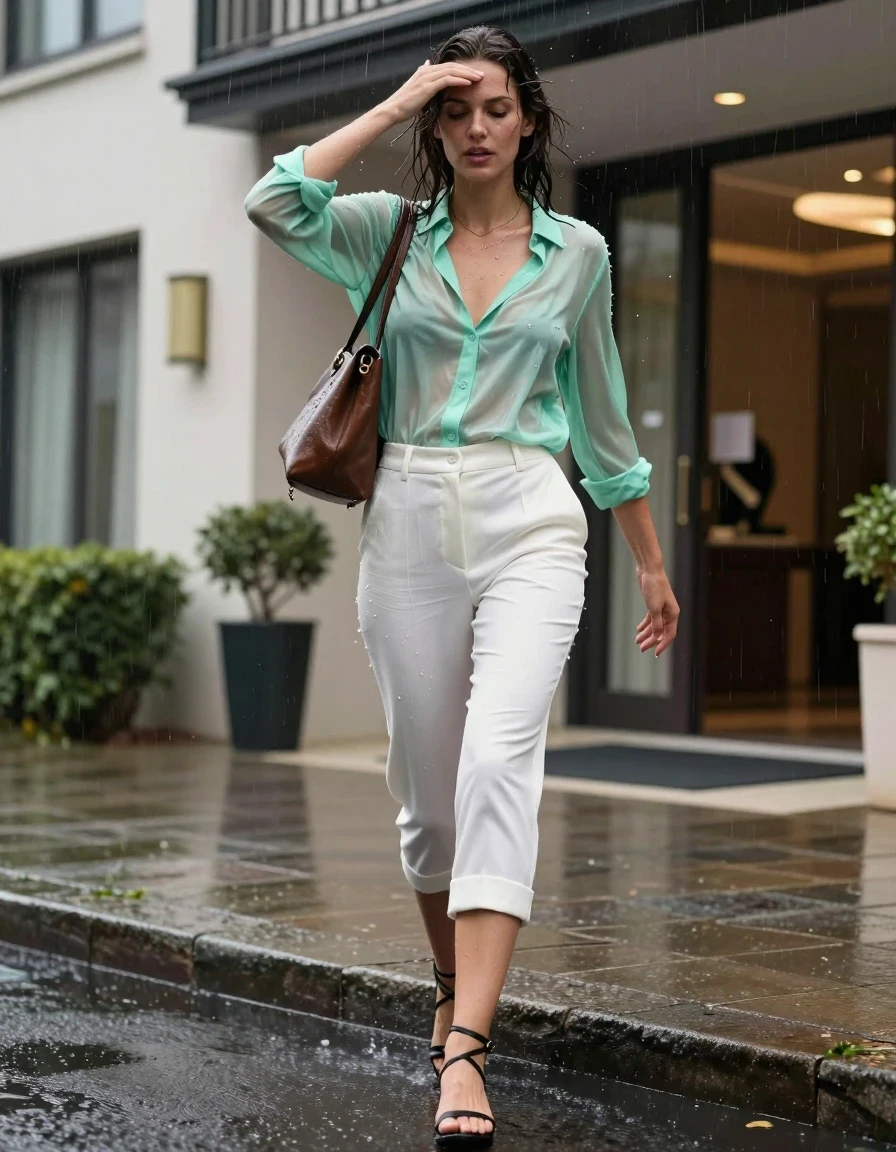 photo of young woman, in soaking wet, drenched clothes,
strappy black leather sandals, wet skin, saturating white tailored capri trousers, clinging fabric, sheer mint green silk blouse, soaked, fabric transparency, suburban street curb in front of an upscale boutique hotel, 
enjoying, wet clothes stuck to body,
detailed textures of the wet clothes, wet face, wet plastered hair,
wet, drenched, professional, high-quality details, full body view.
sharp focus, ultra-high pixel detail, realistic, high-quality, full colors, incredibly detailed, 4k, 8k, 16k, hyper-realistic, RAW photo, masterpiece, ultra-detailed, professionally color graded, professional photograph, woman shielding her head with a leather handbag while rushing toward the hotel entrance, sudden heavy rain, droplets on skin, candid paparazzi shot, high-speed shutter, low-angle full-body framing, sharp focus, natural daylight, photorealistic texture., wet skin, wet clothes, damp fabric
