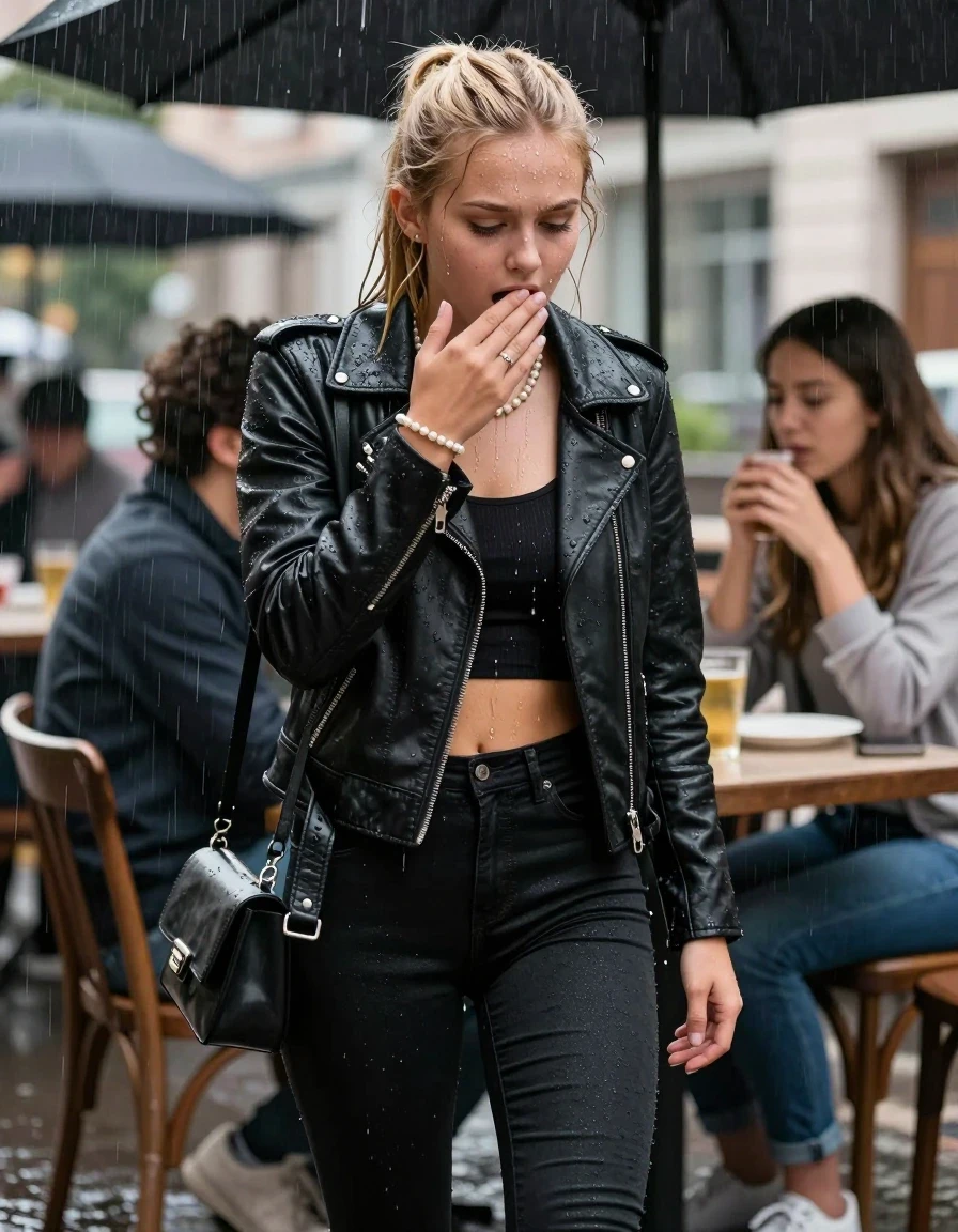 photo of young woman, in soaking wet, drenched clothes,
,  tight black skinny jeans, Black biker leatherjacket, crop top, Pearl necklace, bracelet, shoulderbag, 15-years-old teenage girl and her friend sitting under heavy rain at outdoor restaurant, enjoying wet clothes stuck body, 
enjoying, wet clothes stuck to body,
detailed textures of the wet clothes, wet face, wet plastered hair,
wet, drenched, professional, high-quality details, full body view.
sharp focus, ultra-high pixel detail, realistic, high-quality, full colors, incredibly detailed, 4k, 8k, 16k, hyper-realistic, RAW photo, masterpiece, ultra-detailed, professionally color graded, professional photograph, 15-years-old young teenage girl. blonde sleek long ponytail. afraid and astonished, open mouth, half closed eyes. holding her hand over her mouth. looking slightly down. wet skin, wet clothes, water runs from her body and her clothes in streams. A lot of water also runs out of her clothes. Her clothes are darkened by the water. Her submerged clothes are clinging wet.  The girls wear different clothes., wet skin, wet clothes, damp fabric