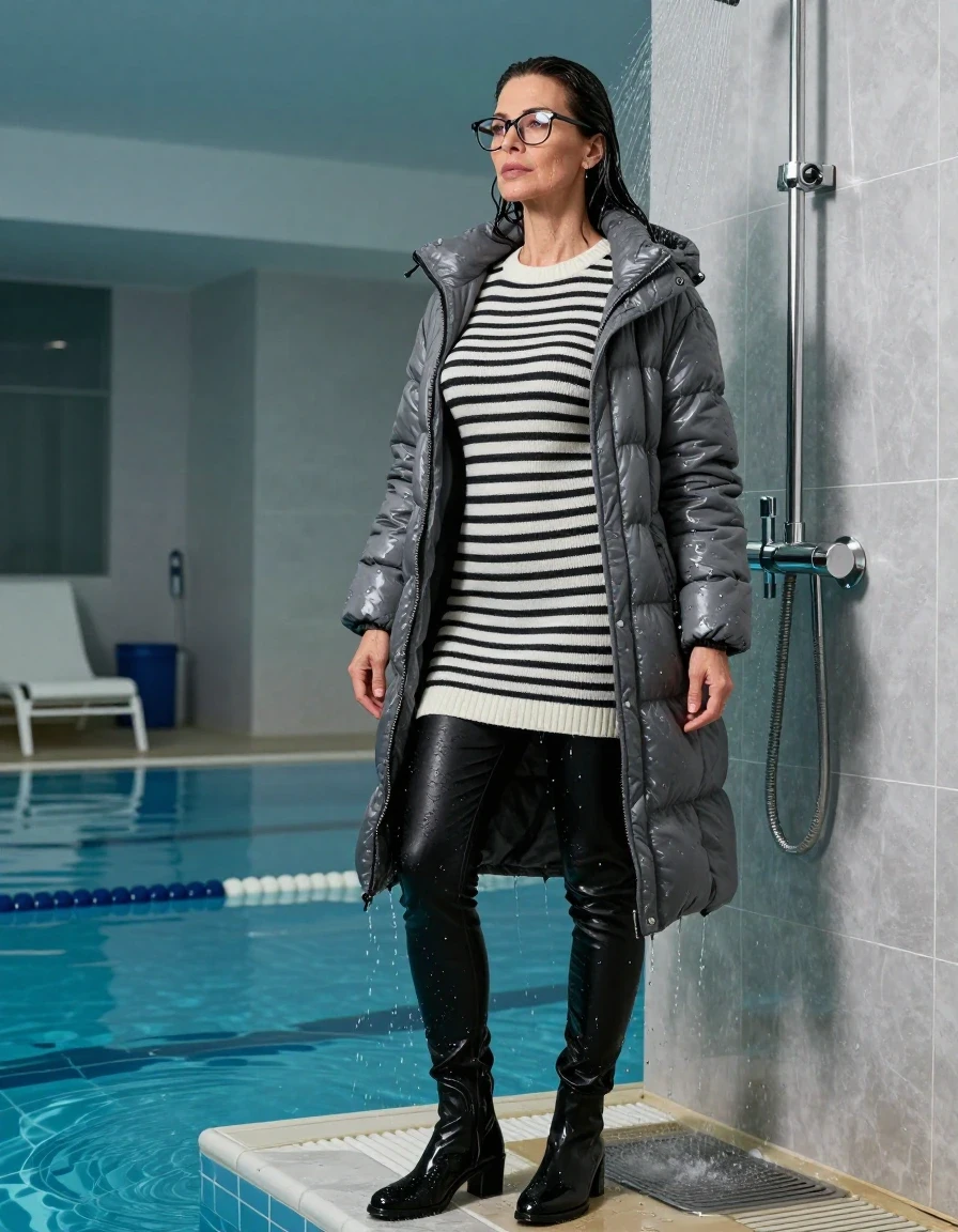 photo of young woman, in soaking wet, drenched clothes,
shoes, long black leather jeans, WHITE & BLACK STRIPED sweater DRESS with neck, maxi gray DOWN JACKET, TAKING SHOWER, indoor swimming pool, enjoying wet clothes stuck body, 
enjoying, wet clothes stuck to body,
detailed textures of the wet clothes, wet face, wet plastered hair,
wet, drenched, professional, high-quality details, full body view.
sharp focus, ultra-high pixel detail, realistic, high-quality, full colors, incredibly detailed, 4k, 8k, 16k, hyper-realistic, RAW photo, masterpiece, ultra-detailed, professionally color graded, professional photograph, europen brunette skinny woman 50 years old, long dark black hair, very big and thick lips,  office glasses, complete body, wet skin, wet clothes, damp fabric, wet skin, wet clothes, damp fabric, wet skin, wet clothes, damp fabric, wet skin, wet clothes, damp fabric, wet skin, wet clothes, damp fabric