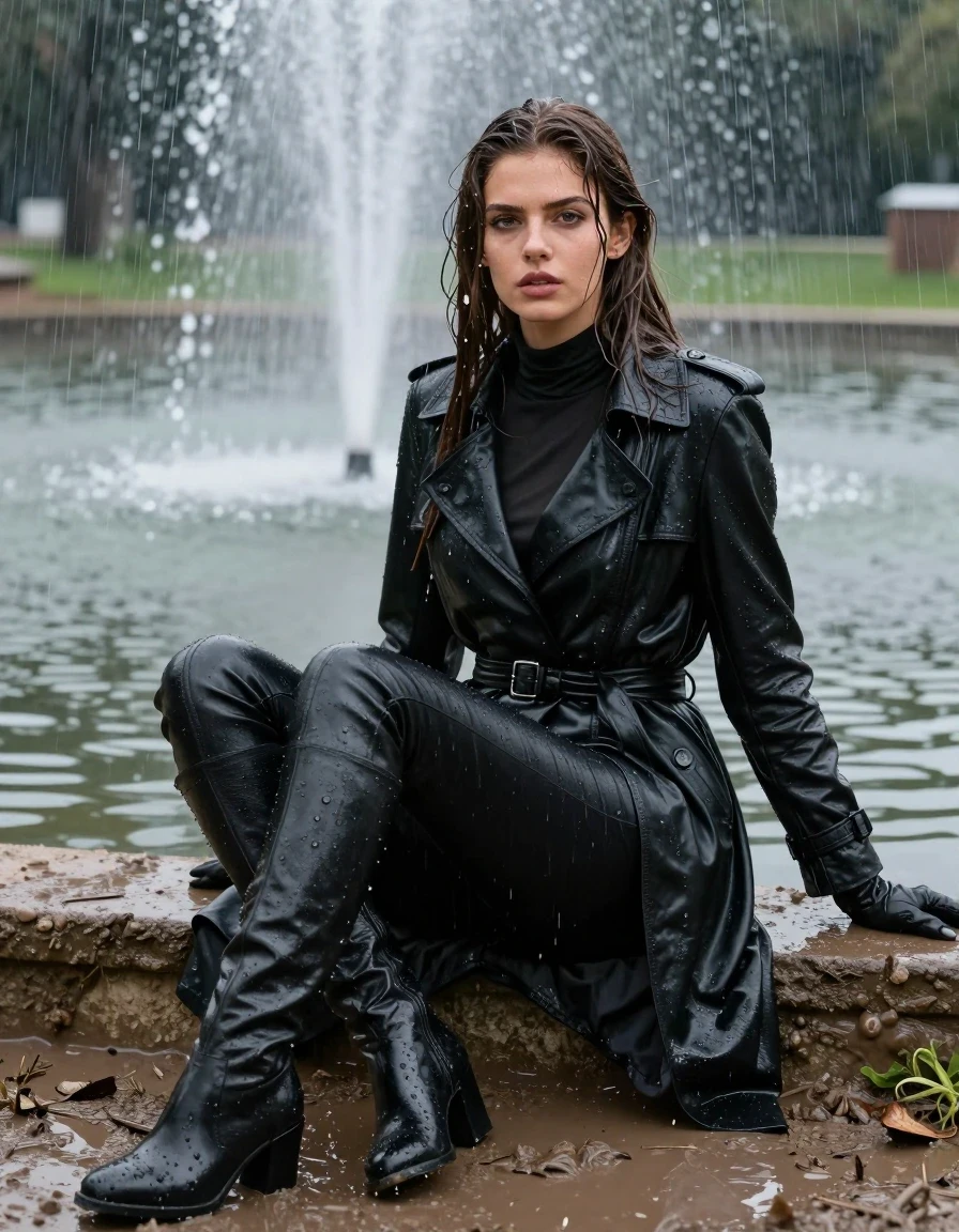 photo of young woman, in soaking wet, drenched clothes,
black leather knee-high boots, black leather jeans, black leather polar neck shirt, leather gloves on both hands, black leather trench coat, sitting legs crossed in a lake, drenched, heavy rain, 
enjoying, wet clothes stuck to body,
detailed textures of the wet clothes, wet face, wet plastered hair,
wet, drenched, professional, high-quality details, full body view.
sharp focus, ultra-high pixel detail, realistic, high-quality, full colors, incredibly detailed, 4k, 8k, 16k, hyper-realistic, RAW photo, masterpiece, ultra-detailed, professionally color graded, professional photograph, white woman, long dripping wet brown hair,, wet skin, wet clothes, damp fabric, standing directly under the water from the fountain, wet skin, wet clothes, damp fabric, covered in mud from the muddy field, wet skin, wet clothes, damp fabric