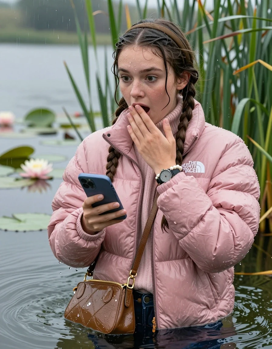 photo of young woman, in soaking wet, drenched clothes,
, , Light pink puffer down jacket from north face,  knit turtleneck sweater, handbag, pearl necklace, bracelet, wristwatch, smal glasses, Emerging after diving in a lake with water lilies and reeds, rain , 
enjoying, wet clothes stuck to body,
detailed textures of the wet clothes, wet face, wet plastered hair,
wet, drenched, professional, high-quality details, full body view.
sharp focus, ultra-high pixel detail, realistic, high-quality, full colors, incredibly detailed, 4k, 8k, 16k, hyper-realistic, RAW photo, masterpiece, ultra-detailed, professionally color graded, professional photograph, Two sleek long braids, hairband

19 years old  teenage girl

open mouth, big eyes, hold one hand over her mouth and in the other hand her smartphone. Looking to the side.

she is completely underwater up to her neck, afraid and astonished expression.

She hides in the reeds and is surprised by spectators

her submerged clothes are hardly vusible under water, she soaked her handbag into the water

close up view, wet skin, wet clothes, wet hair, damp fabric, water runs down the clothes, wet skin, wet clothes, damp fabric, wet skin, wet clothes, damp fabric, wet skin, wet clothes, damp fabric, wet skin, wet clothes, damp fabric, wet skin, wet clothes, damp fabric, wet skin, wet clothes, damp fabric, wet skin, wet clothes, damp fabric, wet skin, wet clothes, damp fabric, wet skin, wet clothes, damp fabric, wet skin, wet clothes, damp fabric, wet skin, wet clothes, damp fabric, wet skin, wet clothes, damp fabric, wet skin, wet clothes, damp fabric, wet skin, wet clothes, damp fabric