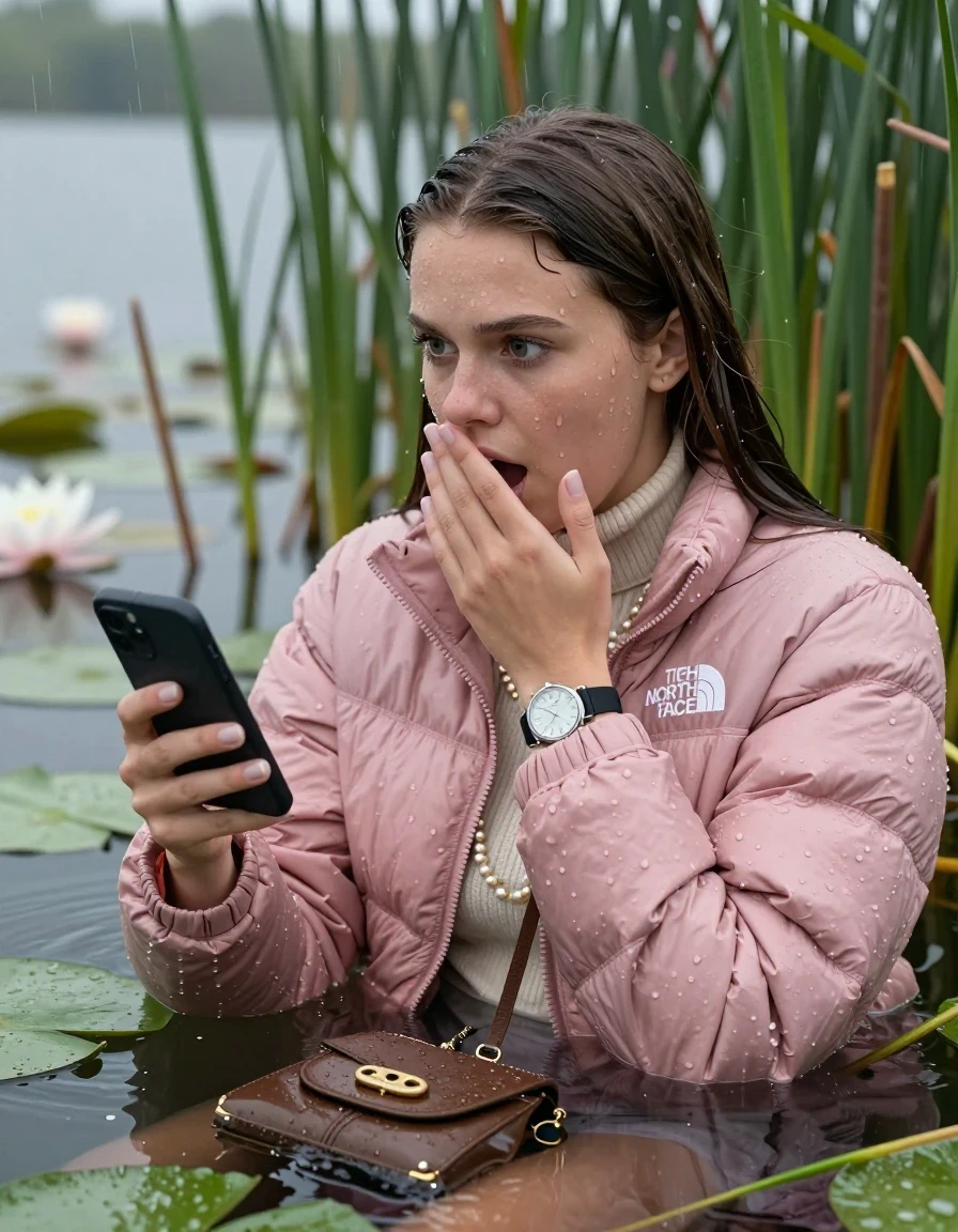 photo of young woman, in soaking wet, drenched clothes,
, , Light pink puffer down jacket from north face,  knit turtleneck sweater, handbag, pearl necklace, bracelet, wristwatch , Emerging after diving in a lake with water lilies and reeds, rain , 
enjoying, wet clothes stuck to body,
detailed textures of the wet clothes, wet face, wet plastered hair,
wet, drenched, professional, high-quality details, full body view.
sharp focus, ultra-high pixel detail, realistic, high-quality, full colors, incredibly detailed, 4k, 8k, 16k, hyper-realistic, RAW photo, masterpiece, ultra-detailed, professionally color graded, professional photograph, Brunette Sleek long straight hair

19 years old  teenage girl

open mouth, big eyes, cover her mouth with a hand and in the other hand her smartphone. Laying her breast on the surface.  Looking to the side.

she is completely underwater up to her neck, afraid and astonished expression.

She hides in the reeds and is surprised by spectators

her submerged clothes are hardly vusible under water, she soaked her handbag into the water

close up view, wet skin, wet clothes, wet hair, damp fabric, water runs down the clothes, wet skin, wet clothes, damp fabric, wet skin, wet clothes, damp fabric, wet skin, wet clothes, damp fabric, wet skin, wet clothes, damp fabric, wet skin, wet clothes, damp fabric, wet skin, wet clothes, damp fabric, wet skin, wet clothes, damp fabric, wet skin, wet clothes, damp fabric, wet skin, wet clothes, damp fabric, wet skin, wet clothes, damp fabric, wet skin, wet clothes, damp fabric, wet skin, wet clothes, damp fabric, wet skin, wet clothes, damp fabric, wet skin, wet clothes, damp fabric, wet skin, wet clothes, damp fabric