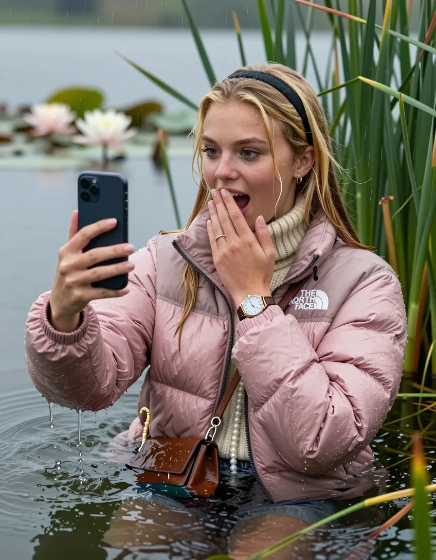 photo of young woman, in soaking wet, drenched clothes,
, , Light pink puffer down jacket from north face,  knit turtleneck sweater, handbag, pearl necklace, bracelet, wristwatch , knitted scarf, Emerging after diving in a lake with water lilies and reeds, rain , 
enjoying, wet clothes stuck to body,
detailed textures of the wet clothes, wet face, wet plastered hair,
wet, drenched, professional, high-quality details, full body view.
sharp focus, ultra-high pixel detail, realistic, high-quality, full colors, incredibly detailed, 4k, 8k, 16k, hyper-realistic, RAW photo, masterpiece, ultra-detailed, professionally color graded, professional photograph, Blonde Sleek long straight hair, hairband

19 years old  teenage girl

open mouth, big eyes, hold a hand on her mouth and a smartphone in her other hand while sinking under water and take a selfie 

she is completely underwater up to her neck, satisfied and enthusiastic expression. Looking down.

She hides in the reeds and is surprised by spectators

her submerged clothes are hardly vusible under water, she soaked her handbag into the water

close up view, wet skin, wet clothes, wet hair, damp fabric, water runs down the clothes, wet skin, wet clothes, damp fabric, wet skin, wet clothes, damp fabric, wet skin, wet clothes, damp fabric, wet skin, wet clothes, damp fabric, wet skin, wet clothes, damp fabric, wet skin, wet clothes, damp fabric, wet skin, wet clothes, damp fabric, wet skin, wet clothes, damp fabric, wet skin, wet clothes, damp fabric, wet skin, wet clothes, damp fabric, wet skin, wet clothes, damp fabric, wet skin, wet clothes, damp fabric, wet skin, wet clothes, damp fabric
