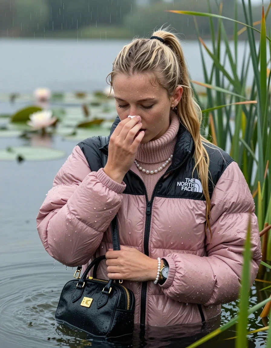 photo of young woman, in soaking wet, drenched clothes,
, , Light pink puffer down jacket from north face,  knit turtleneck sweater, handbag, pearl necklace, bracelet, wristwatch , Emerging after diving in a lake with water lilies and reeds, rain , 
enjoying, wet clothes stuck to body,
detailed textures of the wet clothes, wet face, wet plastered hair,
wet, drenched, professional, high-quality details, full body view.
sharp focus, ultra-high pixel detail, realistic, high-quality, full colors, incredibly detailed, 4k, 8k, 16k, hyper-realistic, RAW photo, masterpiece, ultra-detailed, professionally color graded, professional photograph, Blonde Sleek long ponytail with bangs, hairband

18-years-old  teenage girl

Hold a hand over her nose, closed mouth, half closed eyes

she is completely underwater up to her neck, shocked expression.

She hides in the reeds and is surprised by spectators

her submerged clothes are hardly vusible under water, she soaked her handbag into the water

close up view, wet skin, wet clothes, wet hair, damp fabric, water runs down the clothes, wet skin, wet clothes, damp fabric, wet skin, wet clothes, damp fabric, wet skin, wet clothes, damp fabric, wet skin, wet clothes, damp fabric, wet skin, wet clothes, damp fabric, wet skin, wet clothes, damp fabric, wet skin, wet clothes, damp fabric, wet skin, wet clothes, damp fabric, wet skin, wet clothes, damp fabric, wet skin, wet clothes, damp fabric, wet skin, wet clothes, damp fabric, wet skin, wet clothes, damp fabric