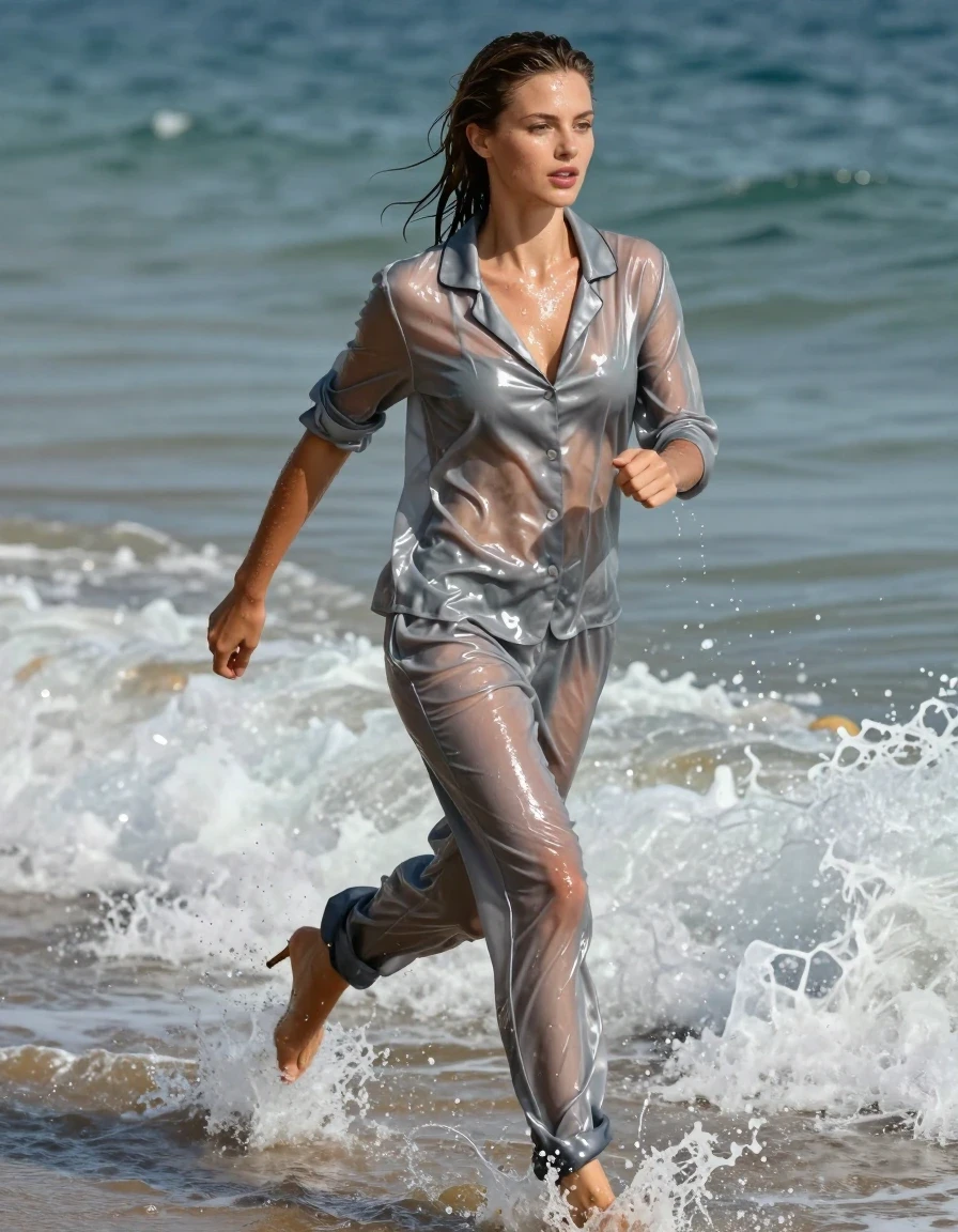 A stunning, young adult European woman with wet, slicked-back hair and glistening, damp skin, running through the crashing surf at a beach. She is wearing a thin, translucent grey satin pajama set, consisting of a button-down top and matching trousers. The fabric is soaking wet, clinging tightly to her body, with deep, saturated grey tones, heavy water-logged folds, and a high-sheen, translucent finish that reveals the silhouette underneath. She is wearing high-heeled shoes that are partially submerged in the wet sand and splashing water. The scene is captured with a dynamic action pose, emphasizing the movement of the ocean waves and the wet textures of the fabric against her skin. Cinematic lighting highlights the water droplets and the glossy, reflective sheen of the wet satin. Photorealistic, 8k resolution, highly detailed skin texture, vibrant beach atmosphere, sharp focus on the interplay of light and water on the fabric.