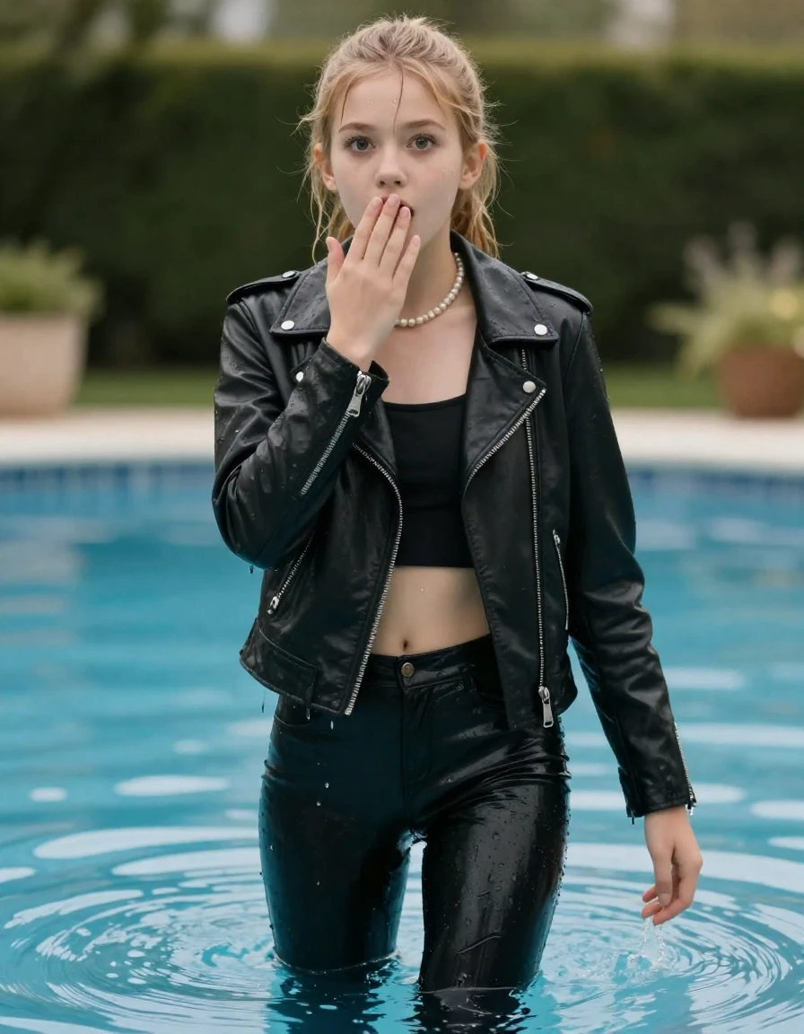 photo of young woman, in soaking wet, drenched clothes,
Black boots, Black leatherleggings , Black biker leatherjacket, crop top, Pearl necklace, Swimmingpool in Garden Pond , 
enjoying, wet clothes stuck to body,
detailed textures of the wet clothes, wet face, wet plastered hair,
wet, drenched, professional, high-quality details, full body view.
sharp focus, ultra-high pixel detail, realistic, high-quality, full colors, incredibly detailed, 4k, 8k, 16k, hyper-realistic, RAW photo, masterpiece, ultra-detailed, professionally color graded, professional photograph, A realistic vertical fashion photograph of a 15-years-old young teenage girl, positioned in the center of the frame. Blonde ponytail and bangs. Hold a hand over her mouth. Afraid and astonished, open mouth, big eyes. looking at camera., wet skin, wet clothes, damp fabric