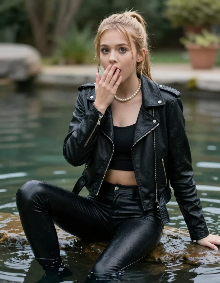 photo of young woman, in soaking wet, drenched clothes,
Black boots, Black leatherleggings , Black biker leatherjacket, crop top, Pearl necklace, Swimming in Garden Pond , 
enjoying, wet clothes stuck to body,
detailed textures of the wet clothes, wet face, wet plastered hair,
wet, drenched, professional, high-quality details, full body view.
sharp focus, ultra-high pixel detail, realistic, high-quality, full colors, incredibly detailed, 4k, 8k, 16k, hyper-realistic, RAW photo, masterpiece, ultra-detailed, professionally color graded, professional photograph, A realistic vertical fashion photograph of a 15-years-old young teenage girl, positioned in the center of the frame. Blonde ponytail and bangs. Hold a hand over her mouth. Afraid and astonished, open mouth, big eyes. looking at camera., wet skin, wet clothes, damp fabric
