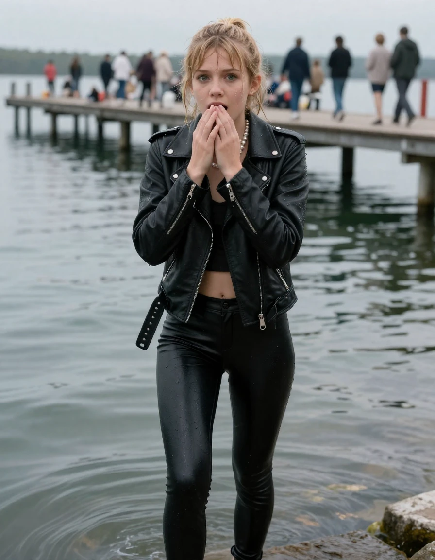 photo of young woman, in soaking wet, drenched clothes,
, Black leatherleggings , Black biker leatherjacket, crop top, Pearl necklace, Climbing out of a lake near a crowded Pier , 
enjoying, wet clothes stuck to body,
detailed textures of the wet clothes, wet face, wet plastered hair,
wet, drenched, professional, high-quality details, full body view.
sharp focus, ultra-high pixel detail, realistic, high-quality, full colors, incredibly detailed, 4k, 8k, 16k, hyper-realistic, RAW photo, masterpiece, ultra-detailed, professionally color graded, professional photograph, A realistic vertical fashion photograph of a 15-years-old young teenage girl, positioned in the center of the frame. Blonde ponytail and bangs. Hold her hands on her mouth. Afraid and astonished, open mouth, big eyes. looking at camera., wet skin, wet clothes, damp fabric