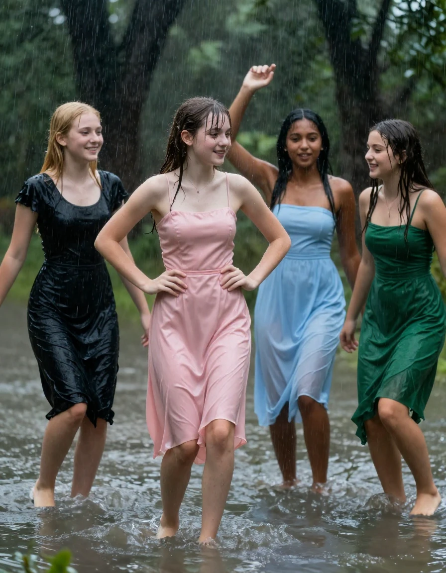 photo of young woman, in soaking wet, drenched clothes,
, , dress, 4.college girls dancing in a flooded forest in the heavy rain , 
enjoying, wet clothes stuck to body,
detailed textures of the wet clothes, wet face, wet plastered hair,
wet, drenched, professional, high-quality details, full body view.
sharp focus, ultra-high pixel detail, realistic, high-quality, full colors, incredibly detailed, 4k, 8k, 16k, hyper-realistic, RAW photo, masterpiece, ultra-detailed, professionally color graded, professional photograph, Small young college girls both having fun together. All a similar age, a small nineteen year old girl, with a flat and slim body, skinny body, flat and skinny chest, a She has a wide square young face but a small very skinny waist and skinny legs, a very small chest and very small breasts, she is a pale brunette with ponytail and bangs, She has a small body, She is full of youthful energy. wearing a pink formal satin cocktail dress with a high neckline. she has her hands on her hips,. Her friend has blonde hair and is quite skinny, ,a wide square face, she is wearing a fit black short sleeve coctail dress. The third girl is 19, with a tan complexion and dark black hair, she is wearing a pale blue straight strapless dress. The 4th girl is brunette with a small body and thin legs, she is wearing a green prom dress, all of them except the blonde girl have very small breasts. wet skin, wet clothes, damp fabric,, wet skin, wet clothes, damp fabric, wet skin, wet clothes, damp fabric, wet skin, wet clothes, damp fabric, wet skin, wet clothes, damp fabric, wet skin, wet clothes, damp fabric, wet skin, wet clothes, damp fabric