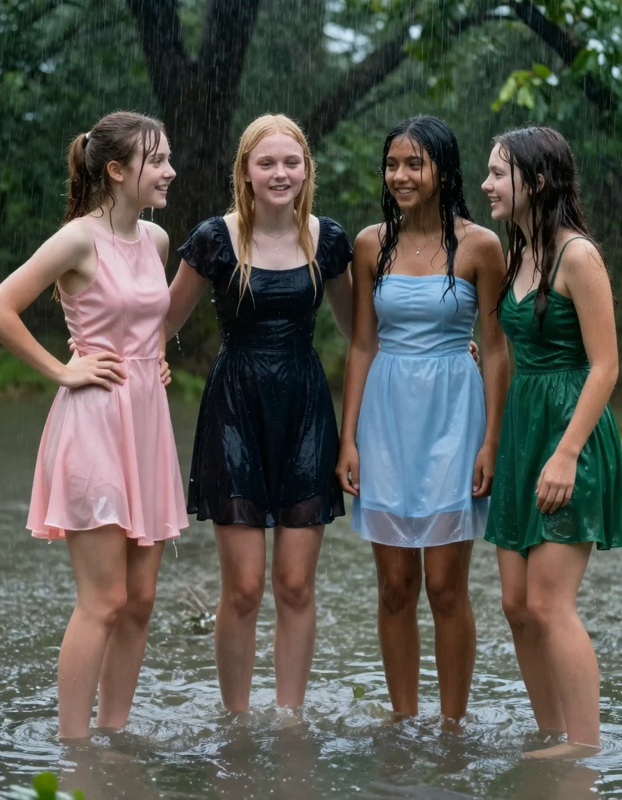 photo of young woman, in soaking wet, drenched clothes,
, , dress, 4.college girls playing in a flooded forest in the heavy rain , 
enjoying, wet clothes stuck to body,
detailed textures of the wet clothes, wet face, wet plastered hair,
wet, drenched, professional, high-quality details, full body view.
sharp focus, ultra-high pixel detail, realistic, high-quality, full colors, incredibly detailed, 4k, 8k, 16k, hyper-realistic, RAW photo, masterpiece, ultra-detailed, professionally color graded, professional photograph, Small young college girls both having fun together. All a similar age, a small nineteen year old girl, with a flat and slim body, skinny body, flat and skinny chest, a She has a wide square young face but a small very skinny waist and skinny legs, a very small chest and very small breasts, she is a pale brunette with ponytail and bangs, She has a small body, She is full of youthful energy. wearing a pink formal satin cocktail dress with a high neckline. she has her hands on her hips,. Her friend has blonde hair and is quite skinny, ,a wide square face, she is wearing a fit black short sleeve coctail dress. The third girl is 19, with a tan complexion and dark black hair, she is wearing a pale blue straight strapless dress. The 4th girl is brunette with a small body and thin legs, she is wearing a green prom dress, all of them except the blonde girl have very small breasts. wet skin, wet clothes, damp fabric,, wet skin, wet clothes, damp fabric, wet skin, wet clothes, damp fabric, wet skin, wet clothes, damp fabric, wet skin, wet clothes, damp fabric, wet skin, wet clothes, damp fabric, wet skin, wet clothes, damp fabric