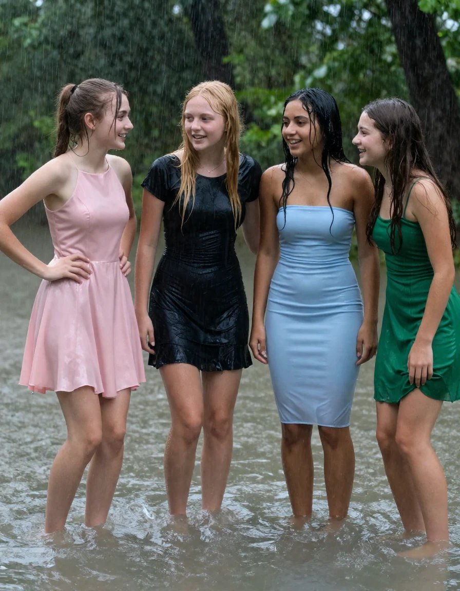 photo of young woman, in soaking wet, drenched clothes,
, , dress, 4.college girls playing in a flooded forest in the heavy rain , 
enjoying, wet clothes stuck to body,
detailed textures of the wet clothes, wet face, wet plastered hair,
wet, drenched, professional, high-quality details, full body view.
sharp focus, ultra-high pixel detail, realistic, high-quality, full colors, incredibly detailed, 4k, 8k, 16k, hyper-realistic, RAW photo, masterpiece, ultra-detailed, professionally color graded, professional photograph, Small young college girls both having fun together. All a similar age, a small nineteen year old girl, with a flat and slim body, skinny body, flat and skinny chest, a She has a wide square young face but a small very skinny waist and skinny legs, a very small chest and very small breasts, she is a pale brunette with ponytail and bangs, She has a small body, She is full of youthful energy. wearing a pink formal satin cocktail dress with a high neckline. she has her hands on her hips,. Her friend has blonde hair and is quite skinny, ,a wide square face, she is wearing a fit black short sleeve coctail dress. The third girl is 19, with a tan complexion and dark black hair, she is wearing a pale blue straight strapless tube dress. The 4th girl is brunette with a small body and thin legs, she is wearing a green prom dress, all of them except the blonde girl have very small breasts. wet skin, wet clothes, damp fabric,, wet skin, wet clothes, damp fabric, wet skin, wet clothes, damp fabric, wet skin, wet clothes, damp fabric, wet skin, wet clothes, damp fabric, wet skin, wet clothes, damp fabric, wet skin, wet clothes, damp fabric