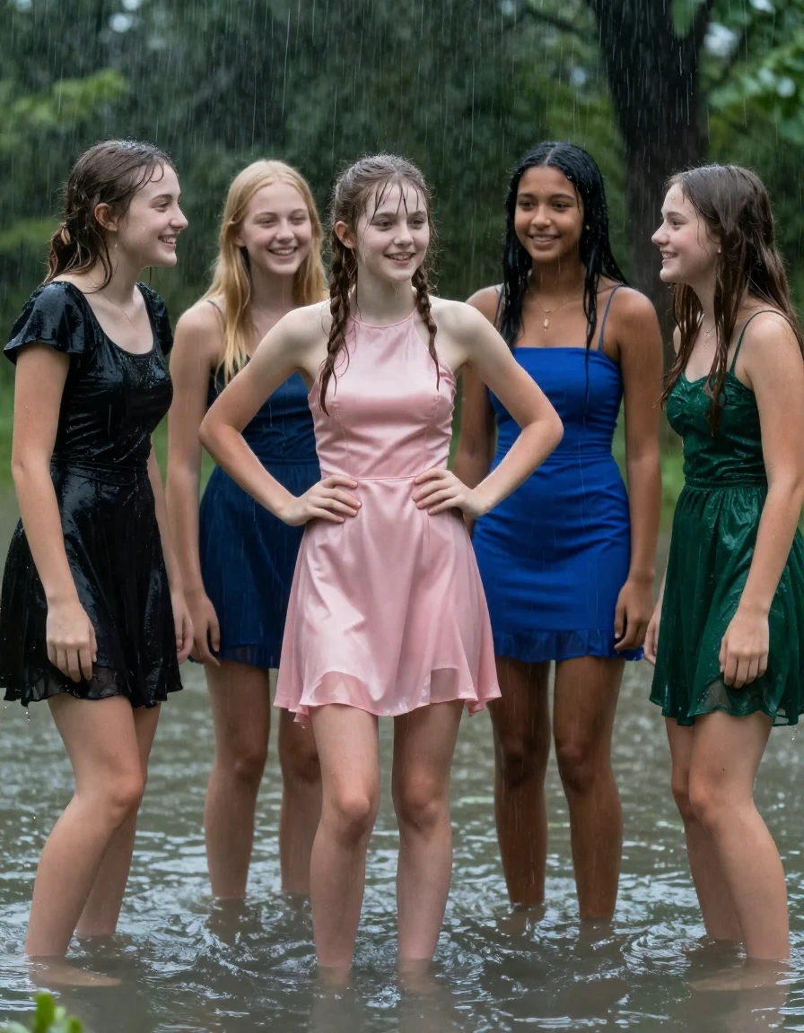 photo of young woman, in soaking wet, drenched clothes,
, , dress, 4.college girls playing in a flooded forest in the heavy rain , 
enjoying, wet clothes stuck to body,
detailed textures of the wet clothes, wet face, wet plastered hair,
wet, drenched, professional, high-quality details, full body view.
sharp focus, ultra-high pixel detail, realistic, high-quality, full colors, incredibly detailed, 4k, 8k, 16k, hyper-realistic, RAW photo, masterpiece, ultra-detailed, professionally color graded, professional photograph, Small young college girls both having fun together. All a similar age, a small nineteen year old girl, with a flat and slim body, skinny body, flat and skinny chest, a She has a wide square young face but a small very skinny waist and skinny legs, a very small chest and very small breasts, she is a pale brunette with ponytail and bangs, She has a small body, She is full of youthful energy. wearing a pink formal satin cocktail dress with a high neckline. she has her hands on her hips,. Her friend has blonde hair and is quite skinny, ,a wide square face, she is wearing a fit black short sleeve coctail dress. The third girl is 19, with a tan complexion and dark black hair, she is wearing a blue straight strapless dress. The 4th girl is brunette with a small body and thin legs, she is wearing a green prom dress, all of them except the blonde girl have very small breasts. wet skin, wet clothes, damp fabric,, wet skin, wet clothes, damp fabric, wet skin, wet clothes, damp fabric, wet skin, wet clothes, damp fabric, wet skin, wet clothes, damp fabric, wet skin, wet clothes, damp fabric, wet skin, wet clothes, damp fabric