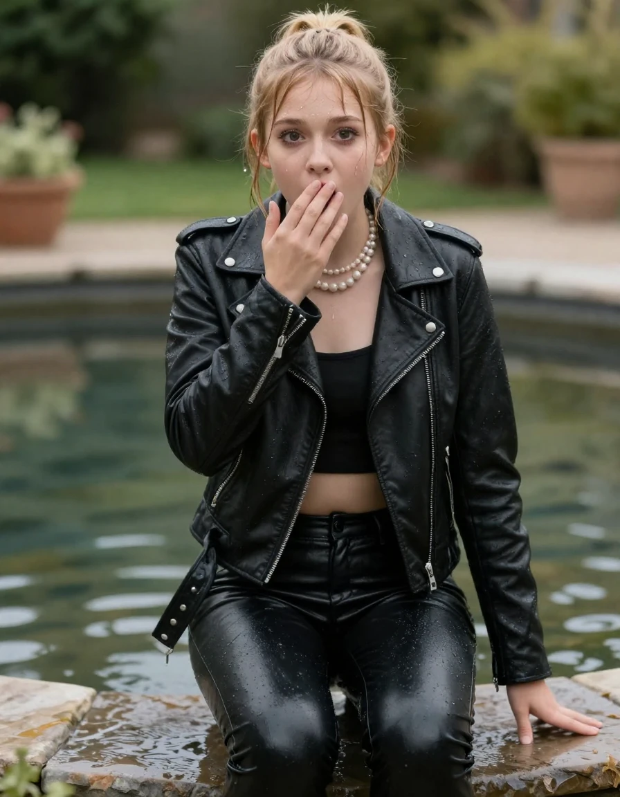photo of young woman, in soaking wet, drenched clothes,
Black boots, Black leatherleggings , Black biker leatherjacket, crop top, Pearl necklace, Garden Pond , 
enjoying, wet clothes stuck to body,
detailed textures of the wet clothes, wet face, wet plastered hair,
wet, drenched, professional, high-quality details, full body view.
sharp focus, ultra-high pixel detail, realistic, high-quality, full colors, incredibly detailed, 4k, 8k, 16k, hyper-realistic, RAW photo, masterpiece, ultra-detailed, professionally color graded, professional photograph, A realistic vertical fashion photograph of a 15-years-old young teenage girl, positioned in the center of the frame. Blonde ponytail and bangs. Hold a hand over her mouth. Afraid and astonished, open mouth, big eyes. looking at camera., wet skin, wet clothes, damp fabric