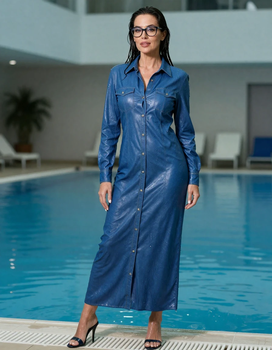 photo of young woman, in soaking wet, drenched clothes,
shoes, maxi blue leather denim shirt dress with long sleeves, maxi blue leather denim shirt dress with long sleeves, indoor swimming pool, enjoying wet clothes stuck body, 
enjoying, wet clothes stuck to body,
detailed textures of the wet clothes, wet face, wet plastered hair,
wet, drenched, professional, high-quality details, full body view.
sharp focus, ultra-high pixel detail, realistic, high-quality, full colors, incredibly detailed, 4k, 8k, 16k, hyper-realistic, RAW photo, masterpiece, ultra-detailed, professionally color graded, professional photograph, europen brunette skinny woman 50 years old, long dark black hair, very big and thick lips,  office glasses, complete body, wet skin, wet clothes, damp fabric, wet skin, wet clothes, damp fabric, wet skin, wet clothes, damp fabric, wet skin, wet clothes, damp fabric, wet skin, wet clothes, damp fabric