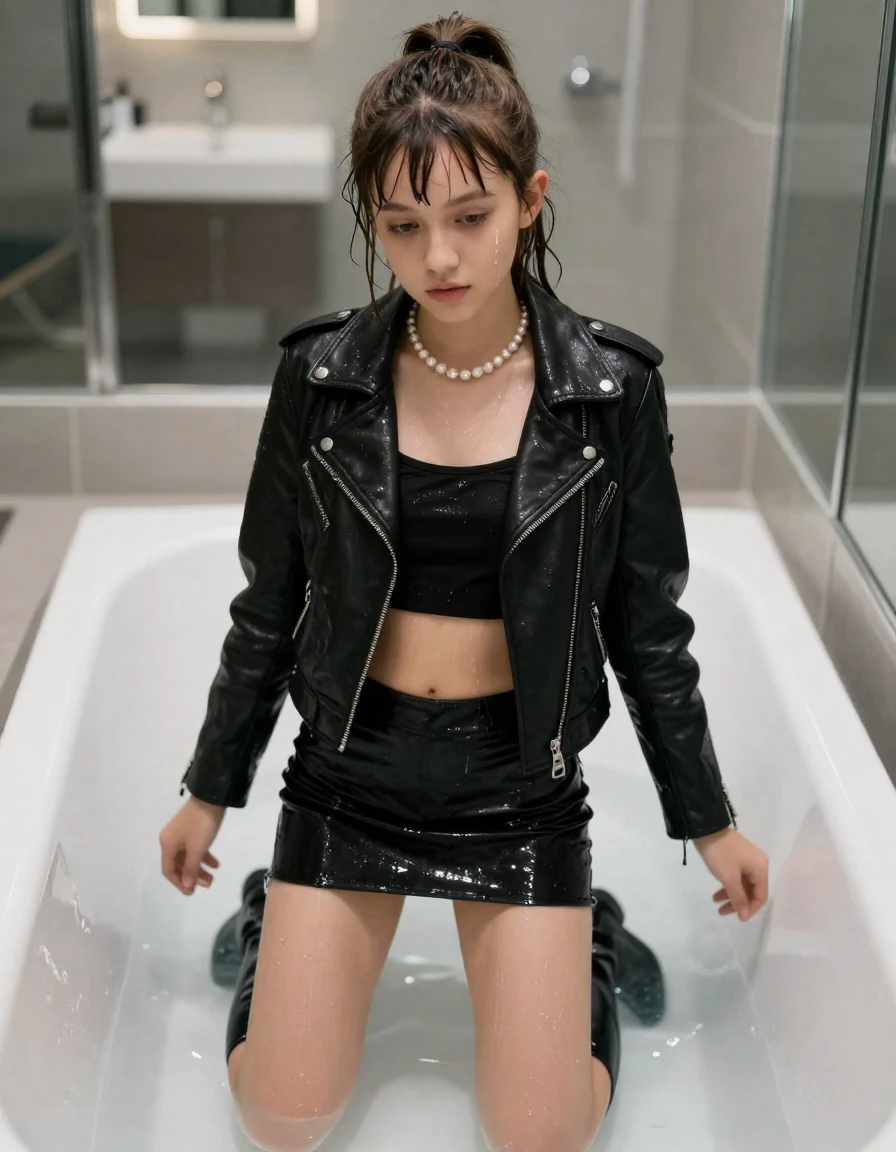 photo of young woman, in soaking wet, drenched clothes,
Black boots, Short black mini skirt, Black biker leatherjacket, crop top, Pearl necklace, Bathtube in a modern mirrored bathroom, 
enjoying, wet clothes stuck to body,
detailed textures of the wet clothes, wet face, wet plastered hair,
wet, drenched, professional, high-quality details, full body view.
sharp focus, ultra-high pixel detail, realistic, high-quality, full colors, incredibly detailed, 4k, 8k, 16k, hyper-realistic, RAW photo, masterpiece, ultra-detailed, professionally color graded, professional photograph, A realistic vertical fashion photograph of a 15-years-old young teenage girl in a bathtub, positioned in the center of the frame. Brunette ponytail and bangs. Her head and neck are above the water surface, while her body legs and feet are completely submerged from the neck down, wet skin, wet clothes, damp fabric