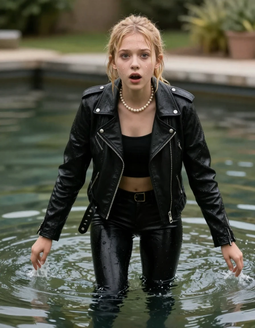 photo of young woman, in soaking wet, drenched clothes,
Black boots, Black leatherleggings , Black biker leatherjacket, crop top, Pearl necklace, Swimming in Garden Pond , 
enjoying, wet clothes stuck to body,
detailed textures of the wet clothes, wet face, wet plastered hair,
wet, drenched, professional, high-quality details, full body view.
sharp focus, ultra-high pixel detail, realistic, high-quality, full colors, incredibly detailed, 4k, 8k, 16k, hyper-realistic, RAW photo, masterpiece, ultra-detailed, professionally color graded, professional photograph, A realistic vertical fashion photograph of a 15-years-old young teenage girl, positioned in the center of the frame. Blonde ponytail and bangs. Afraid and astonished, open mouth, big eyes. looking at camera., wet skin, wet clothes, damp fabric