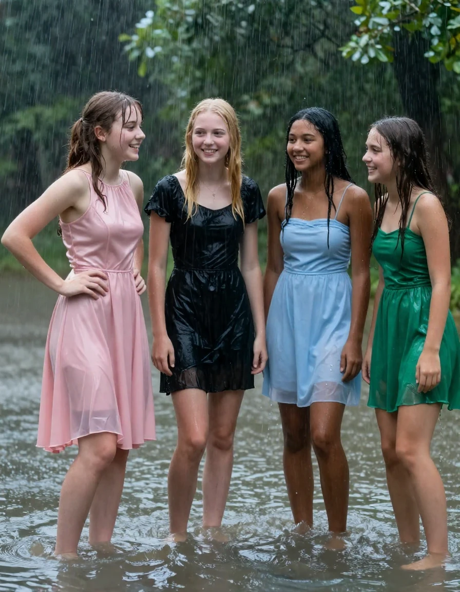 photo of young woman, in soaking wet, drenched clothes,
, , dress, 4.college girls playing in a flooded forest in the heavy rain , 
enjoying, wet clothes stuck to body,
detailed textures of the wet clothes, wet face, wet plastered hair,
wet, drenched, professional, high-quality details, full body view.
sharp focus, ultra-high pixel detail, realistic, high-quality, full colors, incredibly detailed, 4k, 8k, 16k, hyper-realistic, RAW photo, masterpiece, ultra-detailed, professionally color graded, professional photograph, Small young college girls both having fun together. All a similar age, a small nineteen year old girl, with a flat and slim body, skinny body, flat and skinny chest, a She has a wide square young face but a small very skinny waist and skinny legs, a very small chest and very small breasts, she is a pale brunette with ponytail and bangs, She has a small body, She is full of youthful energy. wearing a pink formal satin cocktail dress with a high neckline. she has her hands on her hips,. Her friend has blonde hair and is quite skinny, ,a wide square face, she is wearing a fit black short sleeve coctail dress. The third girl is 19, with a tan complexion and dark black hair, she is wearing a pale blue straight strapless dress. The 4th girl is brunette with a small body and thin legs, she is wearing a green prom dress, all of them except the blonde girl have very small breasts. wet skin, wet clothes, damp fabric,, wet skin, wet clothes, damp fabric, wet skin, wet clothes, damp fabric, wet skin, wet clothes, damp fabric, wet skin, wet clothes, damp fabric, wet skin, wet clothes, damp fabric, wet skin, wet clothes, damp fabric