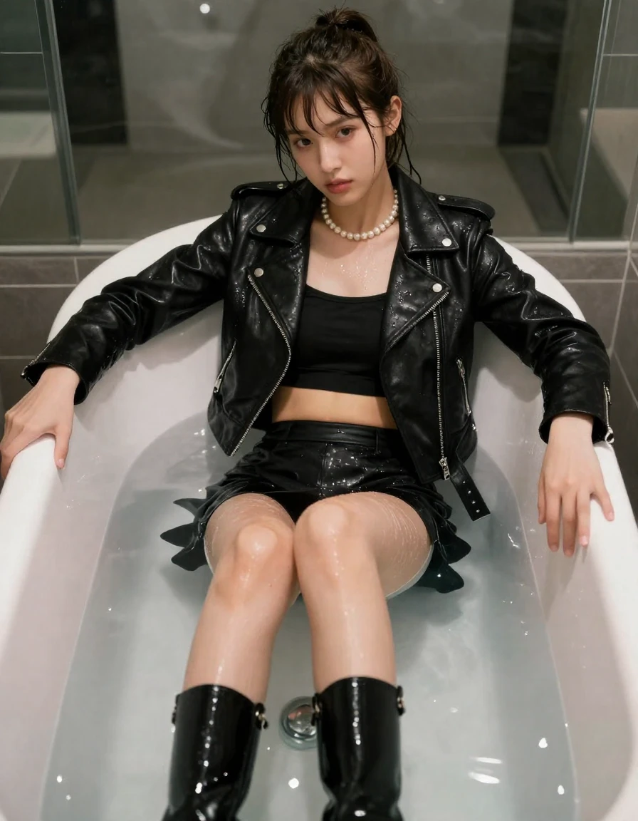 photo of young woman, in soaking wet, drenched clothes,
Black boots, Short black mini skirt, Black biker leatherjacket, crop top, Pearl necklace, Bathtube in a modern mirrored bathroom, 
enjoying, wet clothes stuck to body,
detailed textures of the wet clothes, wet face, wet plastered hair,
wet, drenched, professional, high-quality details, full body view.
sharp focus, ultra-high pixel detail, realistic, high-quality, full colors, incredibly detailed, 4k, 8k, 16k, hyper-realistic, RAW photo, masterpiece, ultra-detailed, professionally color graded, professional photograph, A realistic vertical fashion photograph of a 15-years-old young woman in a bathtub, positioned in the center of the frame. Brunette ponytail and bangs. Her head and neck are above the water surface, while her body legs and feet are completely submerged from the neck down, wet skin, wet clothes, damp fabric