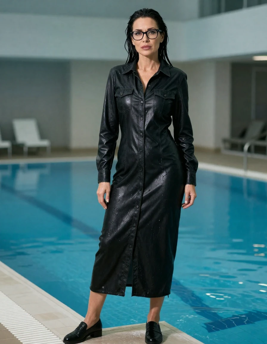 photo of young woman, in soaking wet, drenched clothes,
shoes, maxi black leather denim shirt dress with long sleeves, maxi black leather denim shirt dress with long sleeves, indoor swimming pool, enjoying wet clothes stuck body, 
enjoying, wet clothes stuck to body,
detailed textures of the wet clothes, wet face, wet plastered hair,
wet, drenched, professional, high-quality details, full body view.
sharp focus, ultra-high pixel detail, realistic, high-quality, full colors, incredibly detailed, 4k, 8k, 16k, hyper-realistic, RAW photo, masterpiece, ultra-detailed, professionally color graded, professional photograph, europen brunette skinny woman 50 years old, long dark black hair, very big and thick lips,  office glasses, complete body, wet skin, wet clothes, damp fabric, wet skin, wet clothes, damp fabric, wet skin, wet clothes, damp fabric, wet skin, wet clothes, damp fabric, wet skin, wet clothes, damp fabric