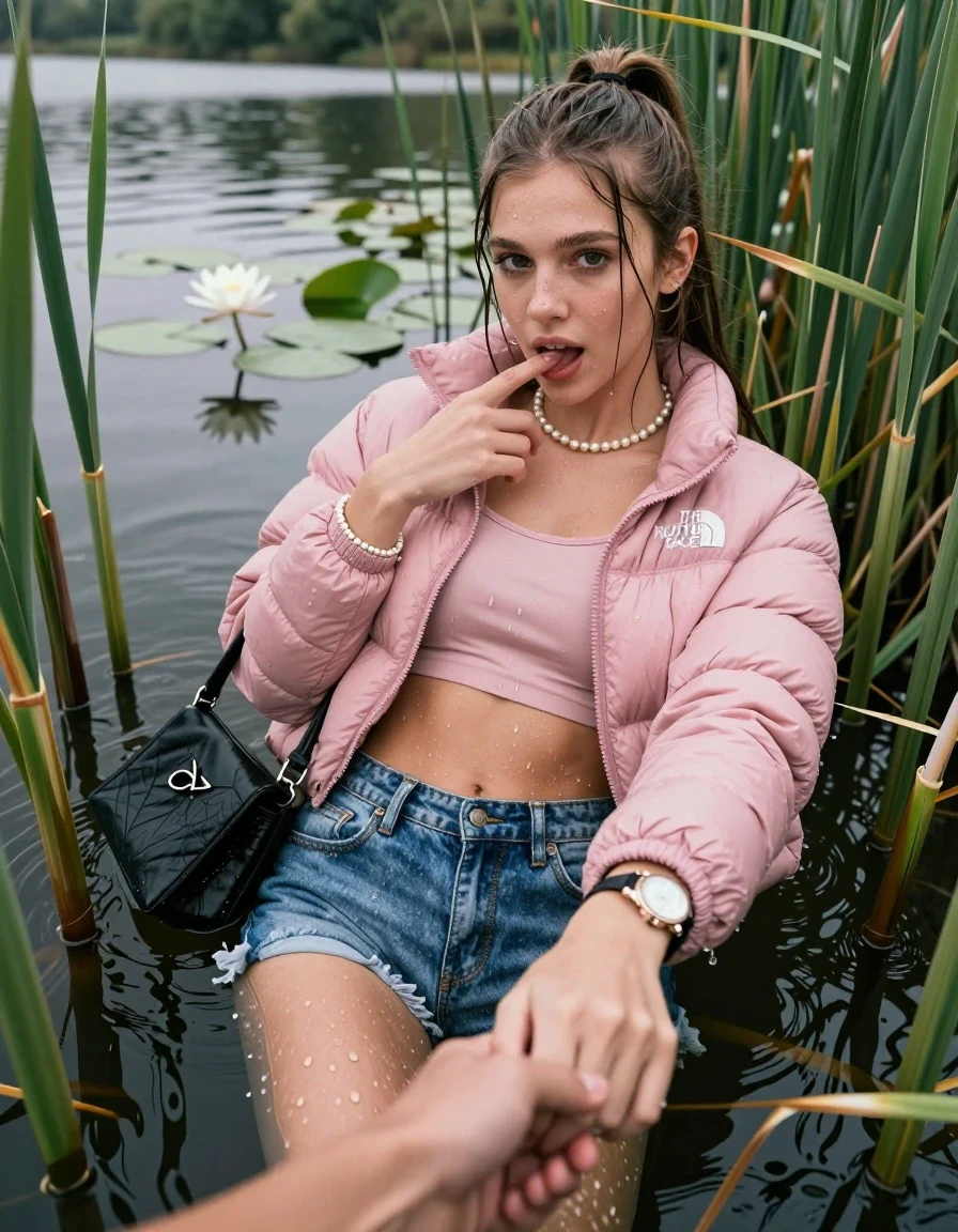 photo of young woman, in soaking wet, drenched clothes,
, sexy mini jeans short, pink puffer down jacket from north face, tight sexy longsleeve crop top with wide neckline belly free, handbag, pearl necklace, bracelet, wristwatch, Emerging after diving in a lake with water lilies and reeds, 
enjoying, wet clothes stuck to body,
detailed textures of the wet clothes, wet face, wet plastered hair,
wet, drenched, professional, high-quality details, full body view.
sharp focus, ultra-high pixel detail, realistic, high-quality, full colors, incredibly detailed, 4k, 8k, 16k, hyper-realistic, RAW photo, masterpiece, ultra-detailed, professionally color graded, professional photograph, Sleek long ponytail with bangs

15 years old  teenage girl

open mouth, big eyes. 0ne hand with a finger at her tongue  inside her mouth, hold with the other the viewer's hand, pulling them toward the center of the water. Laying her breast and arms on the surface.  Whole body and shoulders are submerged under the surface. Looking up at camera. horny eyes.

she is completely underwater up to her neck,  horny and sexuell aroused expression.

She hides in the reeds.

her submerged clothes are hardly vusible under water, she soaked her handbag into the water

close up view, wet skin, wet clothes, wet hair, damp fabric, water runs down the clothes, wet skin, wet clothes, damp fabric, wet skin, wet clothes, damp fabric, wet skin, wet clothes, damp fabric, wet skin, wet clothes, damp fabric, wet skin, wet clothes, damp fabric, wet skin, wet clothes, damp fabric, wet skin, wet clothes, damp fabric, wet skin, wet clothes, damp fabric, wet skin, wet clothes, damp fabric, wet skin, wet clothes, damp fabric, wet skin, wet clothes, damp fabric, wet skin, wet clothes, damp fabric, wet skin, wet clothes, damp fabric, wet skin, wet clothes, damp fabric, wet skin, wet clothes, damp fabric, wet skin, wet clothes, damp fabric, wet skin, wet clothes, damp fabric, wet skin, wet clothes, damp fabric, wet skin, wet clothes, damp fabric, wet skin, wet clothes, damp fabric, wet skin, wet clothes, damp fabric, wet skin, wet clothes, damp fabric, wet skin, wet clothes, damp fabric