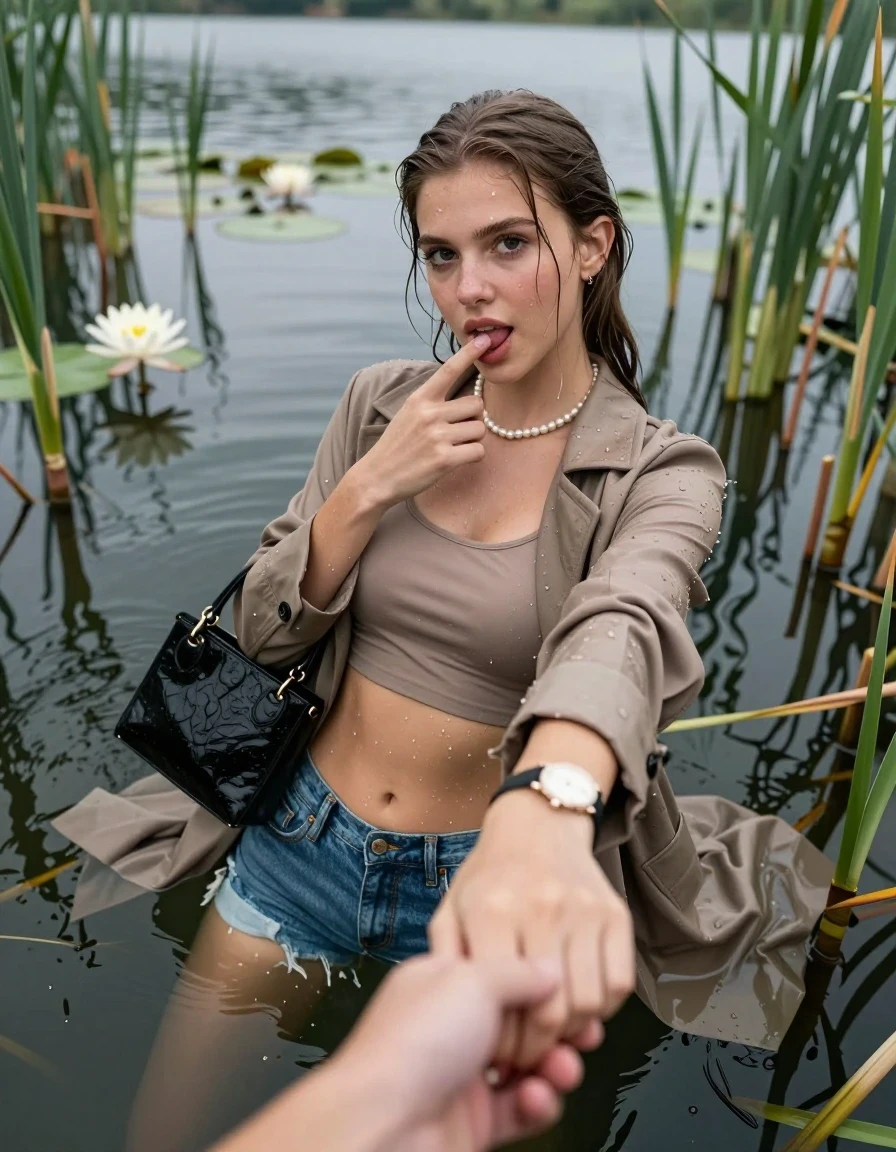 photo of young woman, in soaking wet, drenched clothes,
, sexy mini jeans short, Wool Overcoat, tight sexy longsleeve crop top with wide neckline belly free, handbag, pearl necklace, bracelet, wristwatch, Emerging after diving in a lake with water lilies and reeds, 
enjoying, wet clothes stuck to body,
detailed textures of the wet clothes, wet face, wet plastered hair,
wet, drenched, professional, high-quality details, full body view.
sharp focus, ultra-high pixel detail, realistic, high-quality, full colors, incredibly detailed, 4k, 8k, 16k, hyper-realistic, RAW photo, masterpiece, ultra-detailed, professionally color graded, professional photograph, Sleek long ponytail with bangs

15 years old  teenage girl

open mouth, big eyes. 0ne hand with a finger at her tongue  inside her mouth, hold with the other the viewer's hand, pulling them toward the center of the water. Laying her breast and arms on the surface.  Whole body and shoulders are submerged under the surface. Looking up at camera.

she is completely underwater up to her neck,  horny and sexuell aroused expression.

She hides in the reeds.

her submerged clothes are hardly vusible under water, she soaked her handbag into the water

close up view, wet skin, wet clothes, wet hair, damp fabric, water runs down the clothes, wet skin, wet clothes, damp fabric, wet skin, wet clothes, damp fabric, wet skin, wet clothes, damp fabric, wet skin, wet clothes, damp fabric, wet skin, wet clothes, damp fabric, wet skin, wet clothes, damp fabric, wet skin, wet clothes, damp fabric, wet skin, wet clothes, damp fabric, wet skin, wet clothes, damp fabric, wet skin, wet clothes, damp fabric, wet skin, wet clothes, damp fabric, wet skin, wet clothes, damp fabric, wet skin, wet clothes, damp fabric, wet skin, wet clothes, damp fabric, wet skin, wet clothes, damp fabric, wet skin, wet clothes, damp fabric, wet skin, wet clothes, damp fabric, wet skin, wet clothes, damp fabric, wet skin, wet clothes, damp fabric, wet skin, wet clothes, damp fabric, wet skin, wet clothes, damp fabric, wet skin, wet clothes, damp fabric