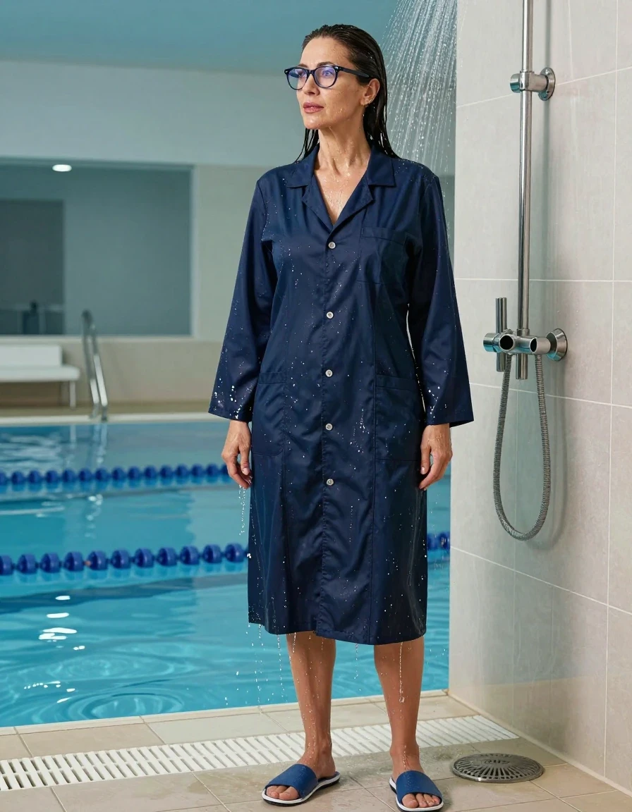 photo of young woman, in soaking wet, drenched clothes,
slippers, , maxi dark blue labcoat with long sleeves and cord, TAKING SHOWER, indoor swimming pool, enjoying wet clothes stuck body, 
enjoying, wet clothes stuck to body,
detailed textures of the wet clothes, wet face, wet plastered hair,
wet, drenched, professional, high-quality details, full body view.
sharp focus, ultra-high pixel detail, realistic, high-quality, full colors, incredibly detailed, 4k, 8k, 16k, hyper-realistic, RAW photo, masterpiece, ultra-detailed, professionally color graded, professional photograph, europen brunette skinny woman 50 years old, long dark black hair, very big and thick lips,  office glasses, complete body, wet skin, wet clothes, damp fabric, wet skin, wet clothes, damp fabric, wet skin, wet clothes, damp fabric, wet skin, wet clothes, damp fabric, wet skin, wet clothes, damp fabric
