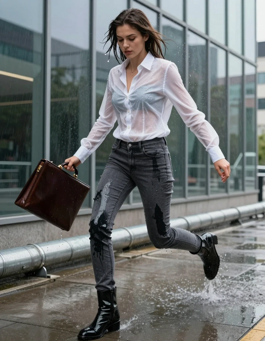 A young adult European woman stumbling mid-stride on an urban sidewalk outside a modern glass office building, caught in a sudden rooftop drainpipe deluge. She is wearing a crisp white button-down shirt, completely drenched, translucent, and clinging to her torso, and skinny charcoal grey jeans, water-saturated heavyweight denim, grey changed to deep charcoal and near-black, substantially darker unevenly soaked patches, absorbed water, heavy wet folds, visible weave and stitching, and strong glossy specular reflections on the raised weave, seams, and creases. She wears polished black high boots and is shielding a leather briefcase from the downpour. Water droplets splash off her shoulders and hair with realistic sheen. High-angle cinematic framing, street photography style, 8k resolution, vibrant natural light, hyper-detailed fabric textures, clean anatomy, realistic proportions, sharp focus on face and clothing, professional photography.