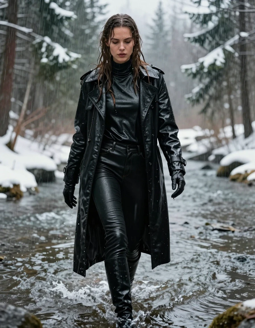 A photorealistic full-body portrait of a young adult European woman with long, dripping wet brown hair, walking through a shallow river in a dense, snow-covered forest during a heavy downpour. She is wearing an oversize black leather polar neck shirt, black leather jeans, a long black leather trench coat, and black leather knee-high boots, with matching black leather gloves on both hands. All garments are visibly drenched, with the leather surfaces exhibiting a heavy, high-gloss wet sheen, water cascading down the material, and deep, saturated black tones. Her skin is glistening with rain, with water droplets clinging to her face and limbs, and her hair is matted and heavy with moisture. The environment is cold and atmospheric, with snow dusting the surrounding pine trees and riverbanks, while heavy rain creates ripples in the water and a misty, diffused light. The composition is a cinematic medium-full shot capturing the texture of the saturated leather and the movement of the water. High-detail photography, 8k resolution, sharp focus on subject, realistic wet-look textures, moody lighting.