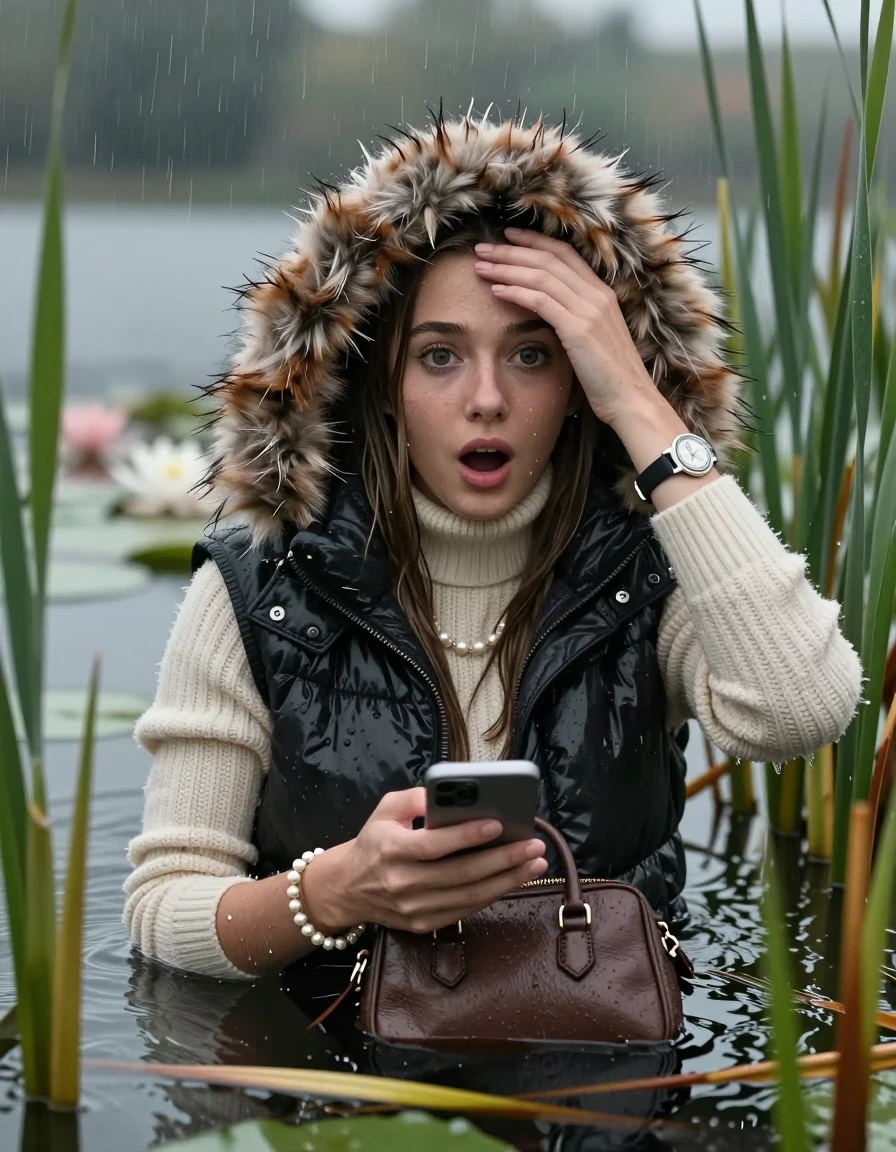 photo of young woman, in soaking wet, drenched clothes,
, , Moncler gilet with big fur hood,  knit turtleneck sweater, handbag, pearl necklace, bracelet, wristwatch , Emerging after diving in a lake with water lilies and reeds, rain , 
enjoying, wet clothes stuck to body,
detailed textures of the wet clothes, wet face, wet plastered hair,
wet, drenched, professional, high-quality details, full body view.
sharp focus, ultra-high pixel detail, realistic, high-quality, full colors, incredibly detailed, 4k, 8k, 16k, hyper-realistic, RAW photo, masterpiece, ultra-detailed, professionally color graded, professional photograph, Sleek long straight hair 

19 years old  teenage girl

open mouth, big eyes, one hand on her forehead and in the other hand her smartphone. Laying her breast on the surface.  Looking at camera.

she is completely underwater up to her neck, afraid and astonished expression.

She hides in the reeds and is surprised by spectators

her submerged clothes are hardly vusible under water, she soaked her handbag into the water

close up view, wet skin, wet clothes, wet hair, damp fabric, water runs down the clothes, wet skin, wet clothes, damp fabric, wet skin, wet clothes, damp fabric, wet skin, wet clothes, damp fabric, wet skin, wet clothes, damp fabric, wet skin, wet clothes, damp fabric, wet skin, wet clothes, damp fabric, wet skin, wet clothes, damp fabric, wet skin, wet clothes, damp fabric, wet skin, wet clothes, damp fabric, wet skin, wet clothes, damp fabric, wet skin, wet clothes, damp fabric, wet skin, wet clothes, damp fabric, wet skin, wet clothes, damp fabric, wet skin, wet clothes, damp fabric, wet skin, wet clothes, damp fabric, wet skin, wet clothes, damp fabric, wet skin, wet clothes, damp fabric