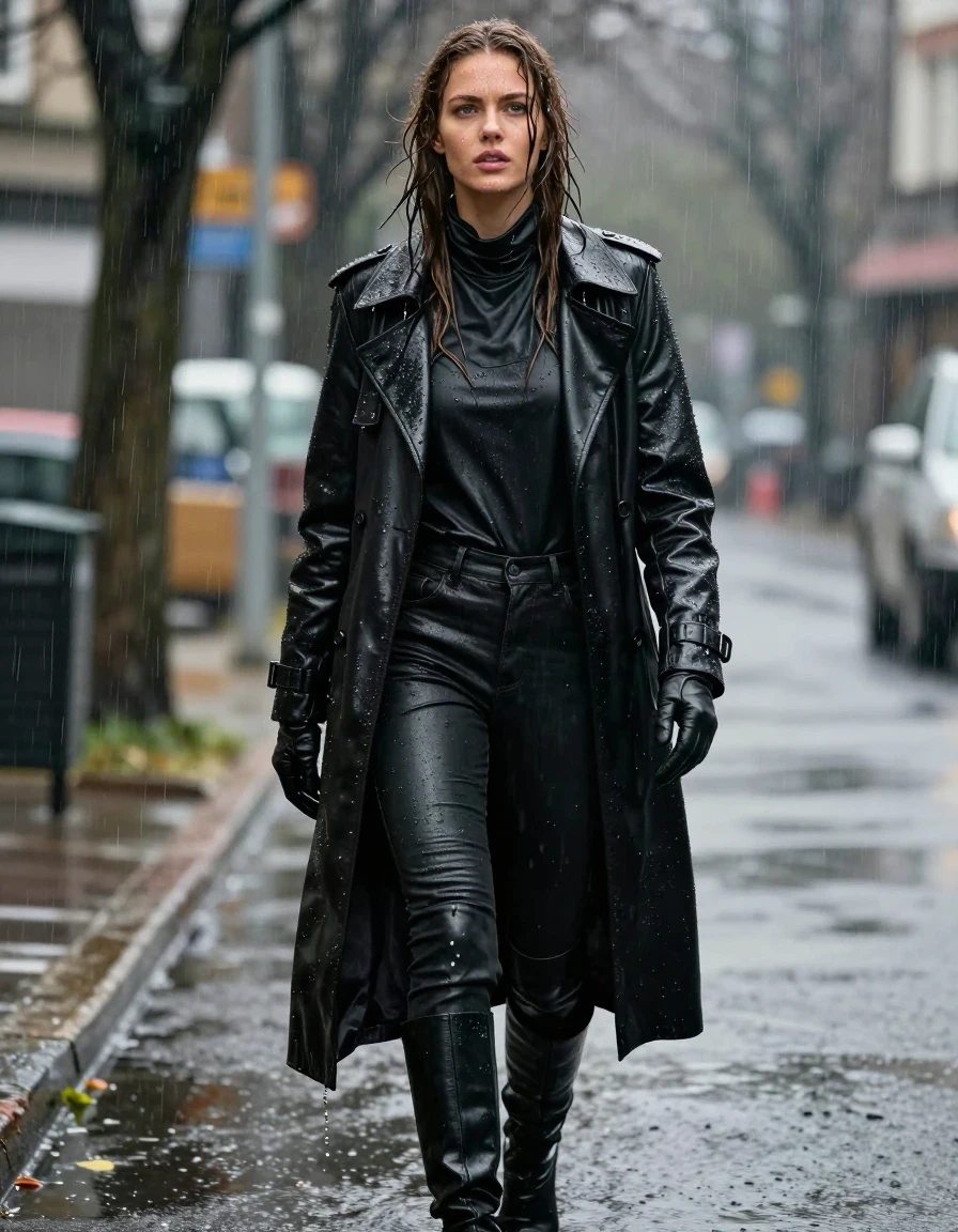 photo of young woman, in soaking wet, drenched clothes,
black leather knee-high boots, black leather jeans, oversize black leather polar neck shirt, leather gloves on both hands, black leather trench coat, standing in heavy rain, drenched in water, 
enjoying, wet clothes stuck to body,
detailed textures of the wet clothes, wet face, wet plastered hair,
wet, drenched, professional, high-quality details, full body view.
sharp focus, ultra-high pixel detail, realistic, high-quality, full colors, incredibly detailed, 4k, 8k, 16k, hyper-realistic, RAW photo, masterpiece, ultra-detailed, professionally color graded, professional photograph, white woman, long dripping wet brown hair,, wet skin, wet clothes, damp fabric, wet skin, wet clothes, damp fabric