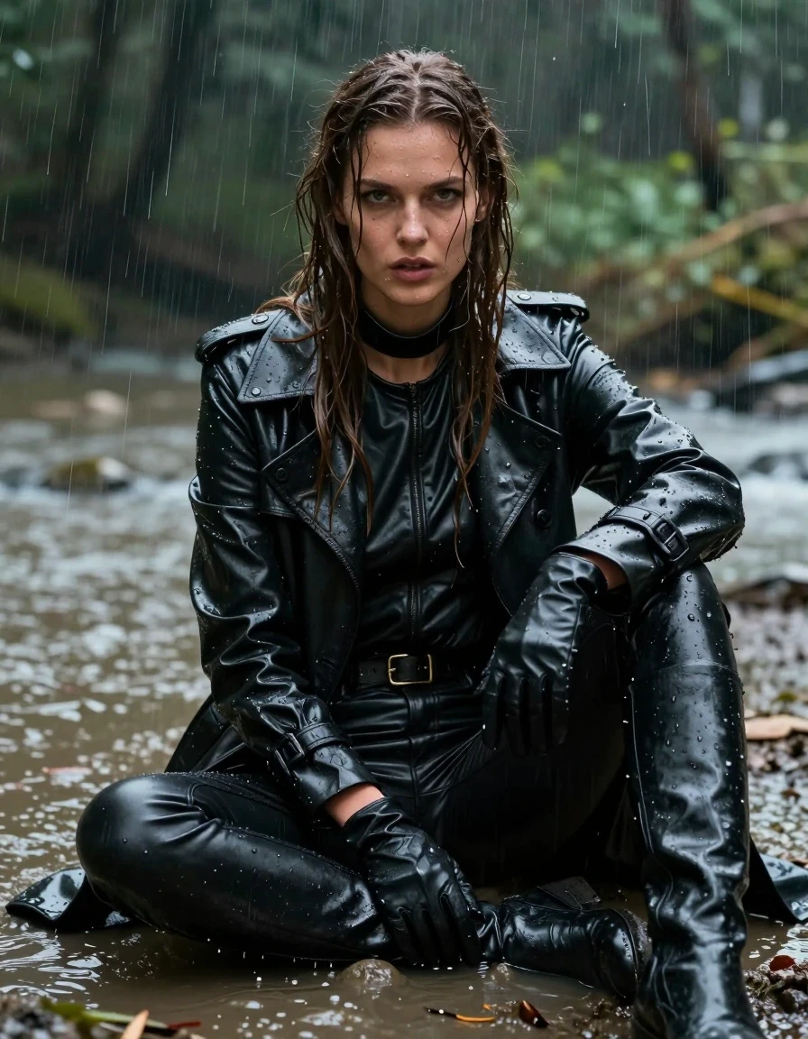 A photorealistic, high-detail portrait of a young adult European woman with long, dripping wet brown hair, her skin and clothes completely drenched. She is wearing a black leather polar neck shirt, black leather gloves, black leather jeans, a black leather trench coat, and black leather knee-high boots. The leather garments are heavily saturated with water, exhibiting deep glossy specular highlights, water-sheen, and heavy clinging folds. She is sitting in a river within a dense forest during a heavy rainstorm, her body and clothes visibly coated with streaks of mud from a muddy field. The fabric of her clothes is dark, damp, and heavy with moisture. The lighting is moody and atmospheric, emphasizing the wet textures, the reflective sheen on the leather, and the cascading water. The composition is a cinematic medium shot capturing the subject's intense expression amidst the torrential downpour. High resolution, 8k, sharp focus on skin pores and leather texture, wet skin, wet hair, realistic water droplets, no nudity, clean anatomy.
