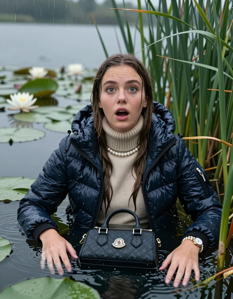 photo of young woman, in soaking wet, drenched clothes,
, , Moncler shiny Puffer down jacket,  knit turtleneck sweater, handbag, pearl necklace, bracelet, wristwatch , Emerging after diving in a lake with water lilies and reeds, rain , 
enjoying, wet clothes stuck to body,
detailed textures of the wet clothes, wet face, wet plastered hair,
wet, drenched, professional, high-quality details, full body view.
sharp focus, ultra-high pixel detail, realistic, high-quality, full colors, incredibly detailed, 4k, 8k, 16k, hyper-realistic, RAW photo, masterpiece, ultra-detailed, professionally color graded, professional photograph, Sleek long straight hair 

19 years old  teenage girl

open mouth, big eye .  Laying her breast on the surface.  Looking up at camera.

she is completely underwater up to her neck, stupified shocked expression. 

She hides in the reeds and is surprised by spectators

her submerged clothes are hardly vusible under water, she soaked her handbag into the water

close up view, wet skin, wet clothes, wet hair, damp fabric, water runs down the clothes, wet skin, wet clothes, damp fabric, wet skin, wet clothes, damp fabric, wet skin, wet clothes, damp fabric, wet skin, wet clothes, damp fabric, wet skin, wet clothes, damp fabric, wet skin, wet clothes, damp fabric, wet skin, wet clothes, damp fabric, wet skin, wet clothes, damp fabric, wet skin, wet clothes, damp fabric, wet skin, wet clothes, damp fabric, wet skin, wet clothes, damp fabric, wet skin, wet clothes, damp fabric, wet skin, wet clothes, damp fabric, wet skin, wet clothes, damp fabric, wet skin, wet clothes, damp fabric, wet skin, wet clothes, damp fabric, wet skin, wet clothes, damp fabric