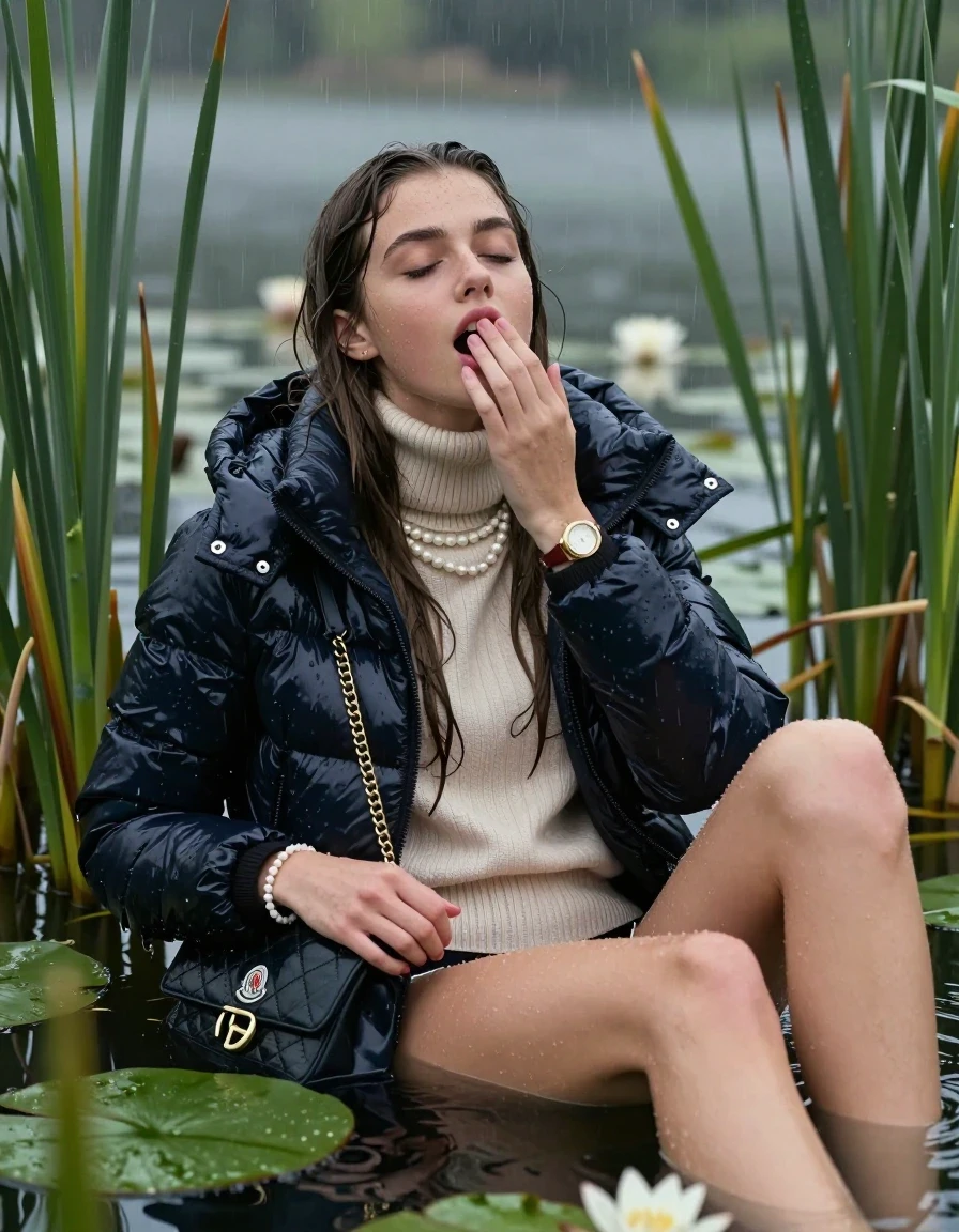 photo of young woman, in soaking wet, drenched clothes,
, , Moncler shiny Puffer down jacket,  knit turtleneck sweater, handbag, pearl necklace, bracelet, wristwatch , Emerging after diving in a lake with water lilies and reeds, rain , 
enjoying, wet clothes stuck to body,
detailed textures of the wet clothes, wet face, wet plastered hair,
wet, drenched, professional, high-quality details, full body view.
sharp focus, ultra-high pixel detail, realistic, high-quality, full colors, incredibly detailed, 4k, 8k, 16k, hyper-realistic, RAW photo, masterpiece, ultra-detailed, professionally color graded, professional photograph, Sleek long straight hair 

19 years old  teenage girl

open mouth, big eyes, hold one hand on her mouth, the other hand between her thighs.  Laying her breast on the surface.  Looking up. Closed eyes.

she is completely underwater up to her neck, horny  and sexuell aroused expression. Has an orgasm.

She hides in the reeds and is surprised by spectators

her submerged clothes are hardly vusible under water, she soaked her handbag into the water

close up view, wet skin, wet clothes, wet hair, damp fabric, water runs down the clothes, wet skin, wet clothes, damp fabric, wet skin, wet clothes, damp fabric, wet skin, wet clothes, damp fabric, wet skin, wet clothes, damp fabric, wet skin, wet clothes, damp fabric, wet skin, wet clothes, damp fabric, wet skin, wet clothes, damp fabric, wet skin, wet clothes, damp fabric, wet skin, wet clothes, damp fabric, wet skin, wet clothes, damp fabric, wet skin, wet clothes, damp fabric, wet skin, wet clothes, damp fabric, wet skin, wet clothes, damp fabric, wet skin, wet clothes, damp fabric, wet skin, wet clothes, damp fabric, wet skin, wet clothes, damp fabric, wet skin, wet clothes, damp fabric
