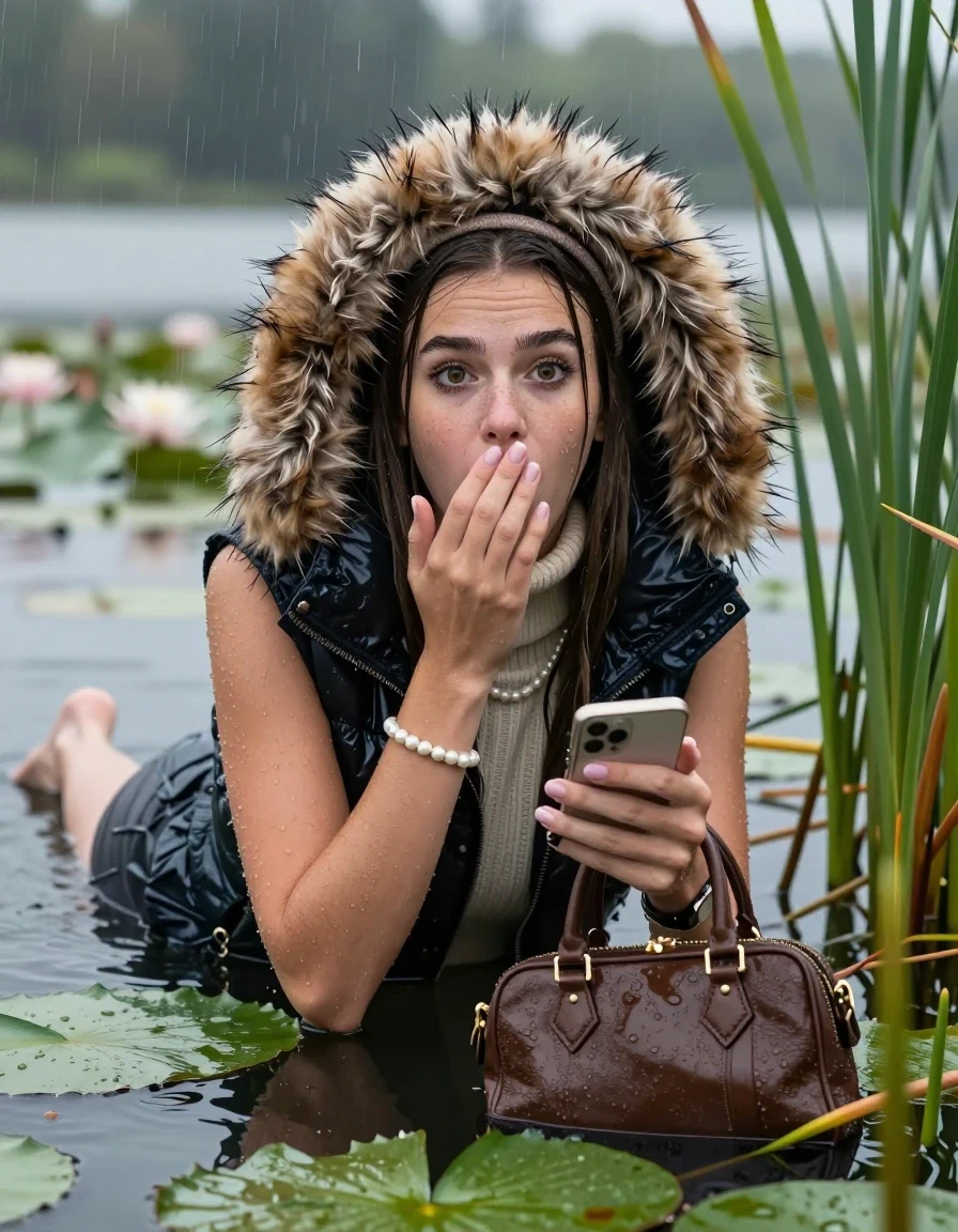 photo of young woman, in soaking wet, drenched clothes,
, , Moncler gilet with big fur hood,  knit turtleneck sweater, handbag, pearl necklace, bracelet, wristwatch , Emerging after diving in a lake with water lilies and reeds, rain , 
enjoying, wet clothes stuck to body,
detailed textures of the wet clothes, wet face, wet plastered hair,
wet, drenched, professional, high-quality details, full body view.
sharp focus, ultra-high pixel detail, realistic, high-quality, full colors, incredibly detailed, 4k, 8k, 16k, hyper-realistic, RAW photo, masterpiece, ultra-detailed, professionally color graded, professional photograph, Sleek long straight hair with hairband

19 years old  teenage girl

open mouth, big eyes, cover her mouth with a hand and in the other hand her smartphone. Laying her breast on the surface.  Looking at camera.

she is completely underwater up to her neck, afraid and astonished expression.

She hides in the reeds and is surprised by spectators

her submerged clothes are hardly vusible under water, she soaked her handbag into the water

close up view, wet skin, wet clothes, wet hair, damp fabric, water runs down the clothes, wet skin, wet clothes, damp fabric, wet skin, wet clothes, damp fabric, wet skin, wet clothes, damp fabric, wet skin, wet clothes, damp fabric, wet skin, wet clothes, damp fabric, wet skin, wet clothes, damp fabric, wet skin, wet clothes, damp fabric, wet skin, wet clothes, damp fabric, wet skin, wet clothes, damp fabric, wet skin, wet clothes, damp fabric, wet skin, wet clothes, damp fabric, wet skin, wet clothes, damp fabric, wet skin, wet clothes, damp fabric, wet skin, wet clothes, damp fabric, wet skin, wet clothes, damp fabric, wet skin, wet clothes, damp fabric