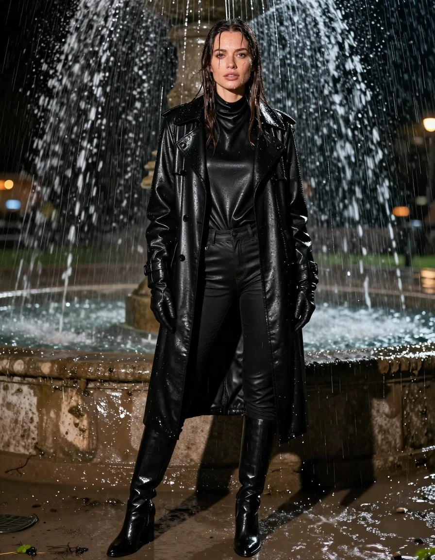 photo of young woman, in soaking wet, drenched clothes,
black leather knee-high boots, black leather jeans, oversize black leather polar neck shirt, leather gloves on both hands, black leather trench coat, standing under an outdoor fountain, drenched in water, heavy rain, at night, 
enjoying, wet clothes stuck to body,
detailed textures of the wet clothes, wet face, wet plastered hair,
wet, drenched, professional, high-quality details, full body view.
sharp focus, ultra-high pixel detail, realistic, high-quality, full colors, incredibly detailed, 4k, 8k, 16k, hyper-realistic, RAW photo, masterpiece, ultra-detailed, professionally color graded, professional photograph, white woman, long dripping wet brown hair,, wet skin, wet clothes, damp fabric, standing directly under the water from the fountain, wet skin, wet clothes, damp fabric, covered in mud from the muddy field, wet skin, wet clothes, damp fabric