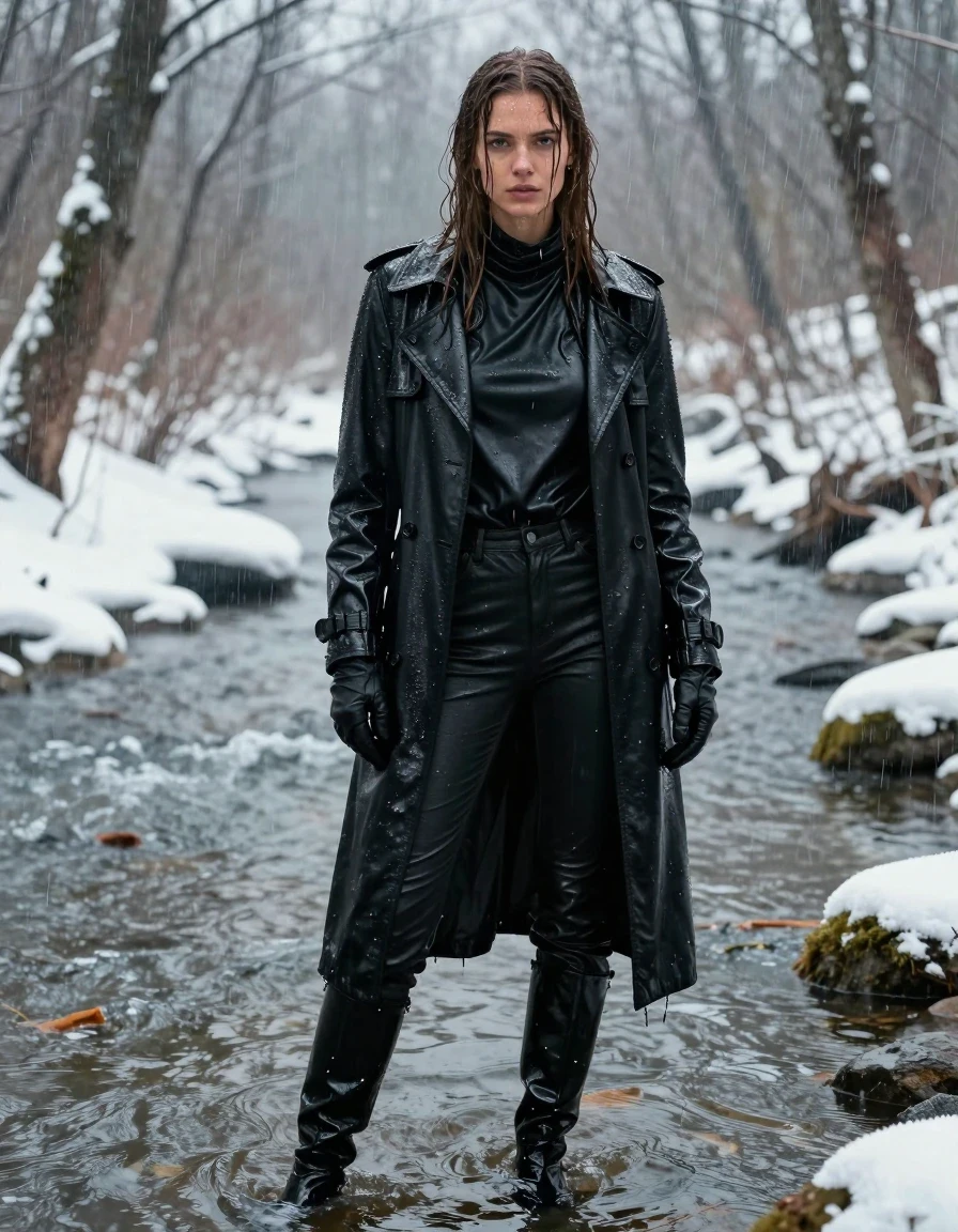 A photorealistic full-body shot of a young adult European woman with long, dripping wet brown hair, standing in a river within a snow-covered forest during a heavy rainstorm. She is wearing an oversize black leather polar neck shirt, a long black leather trench coat, and black leather gloves, all drenched and glistening with water. Her black leather jeans are saturated with water, showing deep dark tones, heavy wet folds, and intense specular highlights from the rain. She wears black leather knee-high boots, her skin is visibly wet and dewy with water running down her face and neck. The environment is a freezing, snowy woodland with a flowing river, heavy rainfall creating a mist and water sheen on all surfaces. The lighting is cold and cinematic, emphasizing the heavy weight and cling of the water-logged leather garments. High-resolution photography, hyper-realistic textures, clean anatomy, fully clothed, no nudity.