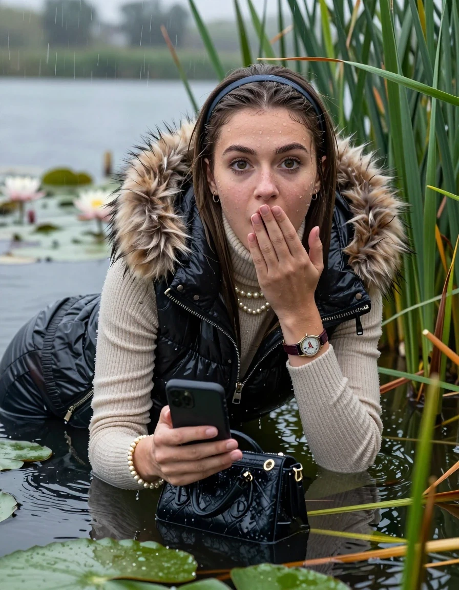 photo of young woman, in soaking wet, drenched clothes,
, , Moncler gilet with big fur hood,  knit turtleneck sweater, handbag, pearl necklace, bracelet, wristwatch , Emerging after diving in a lake with water lilies and reeds, rain , 
enjoying, wet clothes stuck to body,
detailed textures of the wet clothes, wet face, wet plastered hair,
wet, drenched, professional, high-quality details, full body view.
sharp focus, ultra-high pixel detail, realistic, high-quality, full colors, incredibly detailed, 4k, 8k, 16k, hyper-realistic, RAW photo, masterpiece, ultra-detailed, professionally color graded, professional photograph, Sleek long straight hair with hairband

19 years old  teenage girl

open mouth, big eyes, cover her mouth with a hand and in the other hand her smartphone. Laying her breast on the surface.  Looking at camera.

she is completely underwater up to her neck, afraid and astonished expression.

She hides in the reeds and is surprised by spectators

her submerged clothes are hardly vusible under water, she soaked her handbag into the water

close up view, wet skin, wet clothes, wet hair, damp fabric, water runs down the clothes, wet skin, wet clothes, damp fabric, wet skin, wet clothes, damp fabric, wet skin, wet clothes, damp fabric, wet skin, wet clothes, damp fabric, wet skin, wet clothes, damp fabric, wet skin, wet clothes, damp fabric, wet skin, wet clothes, damp fabric, wet skin, wet clothes, damp fabric, wet skin, wet clothes, damp fabric, wet skin, wet clothes, damp fabric, wet skin, wet clothes, damp fabric, wet skin, wet clothes, damp fabric, wet skin, wet clothes, damp fabric, wet skin, wet clothes, damp fabric, wet skin, wet clothes, damp fabric, wet skin, wet clothes, damp fabric