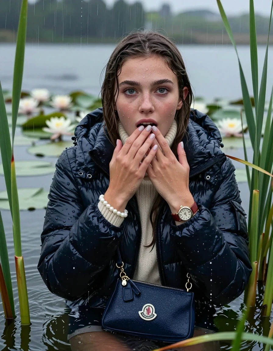 photo of young woman, in soaking wet, drenched clothes,
, , Moncler shiny Puffer down jacket,  knit turtleneck sweater, handbag, pearl necklace, bracelet, wristwatch , Emerging after diving in a lake with water lilies and reeds, rain , 
enjoying, wet clothes stuck to body,
detailed textures of the wet clothes, wet face, wet plastered hair,
wet, drenched, professional, high-quality details, full body view.
sharp focus, ultra-high pixel detail, realistic, high-quality, full colors, incredibly detailed, 4k, 8k, 16k, hyper-realistic, RAW photo, masterpiece, ultra-detailed, professionally color graded, professional photograph, Sleek long straight hair 

19 years old  teenage girl

open mouth, big eyes, hold one hand on her mouth, the other hand between her bouche .  Laying her breast on the surface.  Looking up at camera.

she is completely underwater up to her neck, horny  and sexuell aroused expression. Has an orgasm.

She hides in the reeds and is surprised by spectators

her submerged clothes are hardly vusible under water, she soaked her handbag into the water

close up view, wet skin, wet clothes, wet hair, damp fabric, water runs down the clothes, wet skin, wet clothes, damp fabric, wet skin, wet clothes, damp fabric, wet skin, wet clothes, damp fabric, wet skin, wet clothes, damp fabric, wet skin, wet clothes, damp fabric, wet skin, wet clothes, damp fabric, wet skin, wet clothes, damp fabric, wet skin, wet clothes, damp fabric, wet skin, wet clothes, damp fabric, wet skin, wet clothes, damp fabric, wet skin, wet clothes, damp fabric, wet skin, wet clothes, damp fabric, wet skin, wet clothes, damp fabric, wet skin, wet clothes, damp fabric, wet skin, wet clothes, damp fabric, wet skin, wet clothes, damp fabric, wet skin, wet clothes, damp fabric