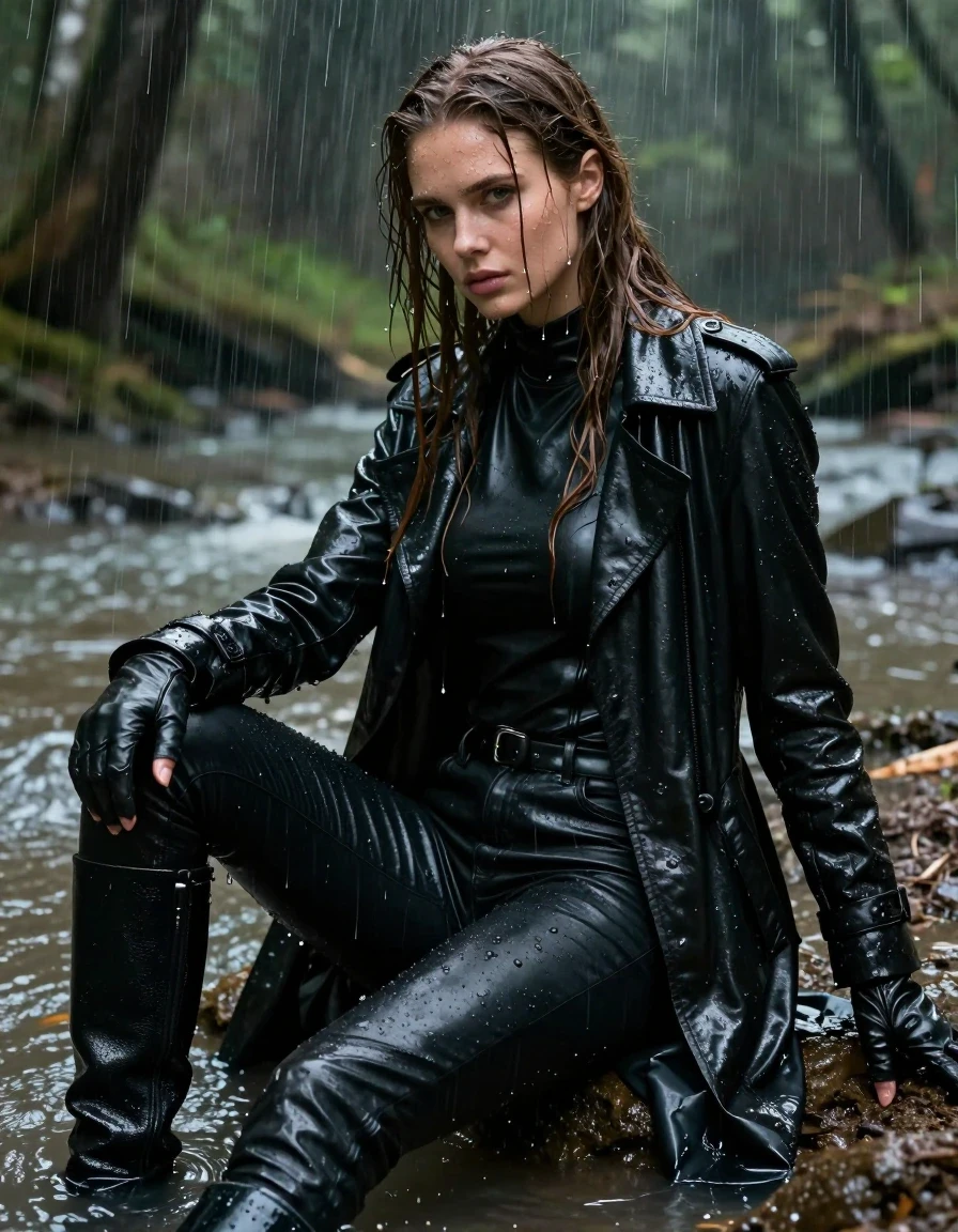 A photorealistic medium shot of a young adult European woman with long, dripping wet brown hair, sitting in a shallow river within a dense forest during a torrential downpour. She is fully drenched, with water cascading down her skin and saturated clothing. She is wearing a tight black leather polar neck shirt, black leather jeans that cling to her legs, a long black leather trench coat, and black leather knee-high boots. She wears leather gloves on both hands. The leather surfaces are heavily soaked, showing a high-gloss wet sheen, deep dark tones, and water cascading off the material. Her skin and hair are glistening with water, and her clothes are covered in patches of dark mud from the muddy riverbank. The scene captures the heavy weight of the soaked fabric and the intense texture of the wet leather. Cinematic lighting highlights the water droplets and the glistening, wet surfaces against the dark, moody forest environment. High-detail photography, 8k resolution, sharp focus on the textures of wet leather and dripping hair, realistic water physics.