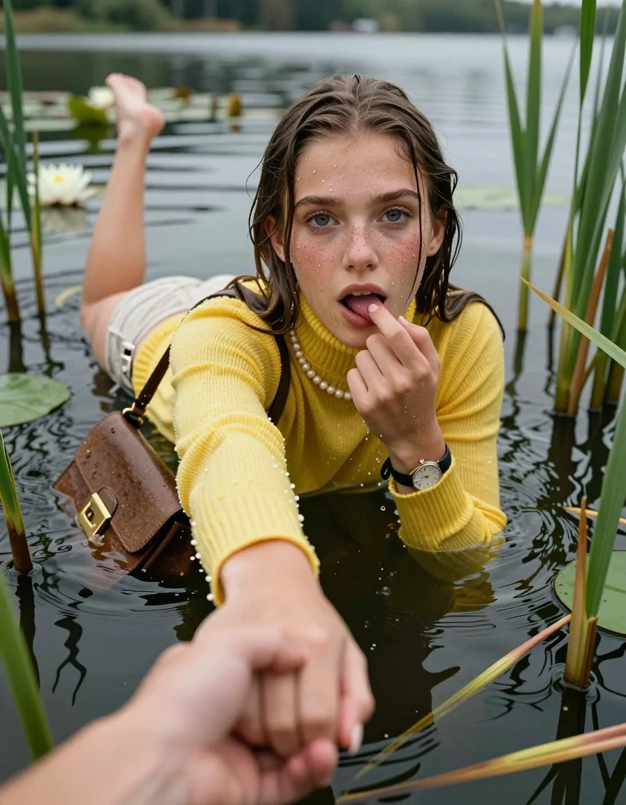 photo of young woman, in soaking wet, drenched clothes,
, , yellow knit turtleneck sweater, handbag, pearl necklace, bracelet, wristwatch, Emerging after diving in a lake with water lilies and reeds, 
enjoying, wet clothes stuck to body,
detailed textures of the wet clothes, wet face, wet plastered hair,
wet, drenched, professional, high-quality details, full body view.
sharp focus, ultra-high pixel detail, realistic, high-quality, full colors, incredibly detailed, 4k, 8k, 16k, hyper-realistic, RAW photo, masterpiece, ultra-detailed, professionally color graded, professional photograph, Sleek long straight hair

15 years old  teenage girl

open mouth, big eyes. 0ne hand with a finger at her tongue  inside her mouth, hold with the other the viewer's hand, pulling them toward the center of the water. Laying her breast and arms on the surface.  Whole body and shoulders are submerged under the surface. Looking up at camera.

she is completely underwater up to her neck,  horny and sexuell aroused expression.

She hides in the reeds.

her submerged clothes are hardly vusible under water, she soaked her handbag into the water

close up view, wet skin, wet clothes, wet hair, damp fabric, water runs down the clothes, wet skin, wet clothes, damp fabric, wet skin, wet clothes, damp fabric, wet skin, wet clothes, damp fabric, wet skin, wet clothes, damp fabric, wet skin, wet clothes, damp fabric, wet skin, wet clothes, damp fabric, wet skin, wet clothes, damp fabric, wet skin, wet clothes, damp fabric, wet skin, wet clothes, damp fabric, wet skin, wet clothes, damp fabric, wet skin, wet clothes, damp fabric, wet skin, wet clothes, damp fabric, wet skin, wet clothes, damp fabric, wet skin, wet clothes, damp fabric, wet skin, wet clothes, damp fabric, wet skin, wet clothes, damp fabric, wet skin, wet clothes, damp fabric, wet skin, wet clothes, damp fabric, wet skin, wet clothes, damp fabric, wet skin, wet clothes, damp fabric