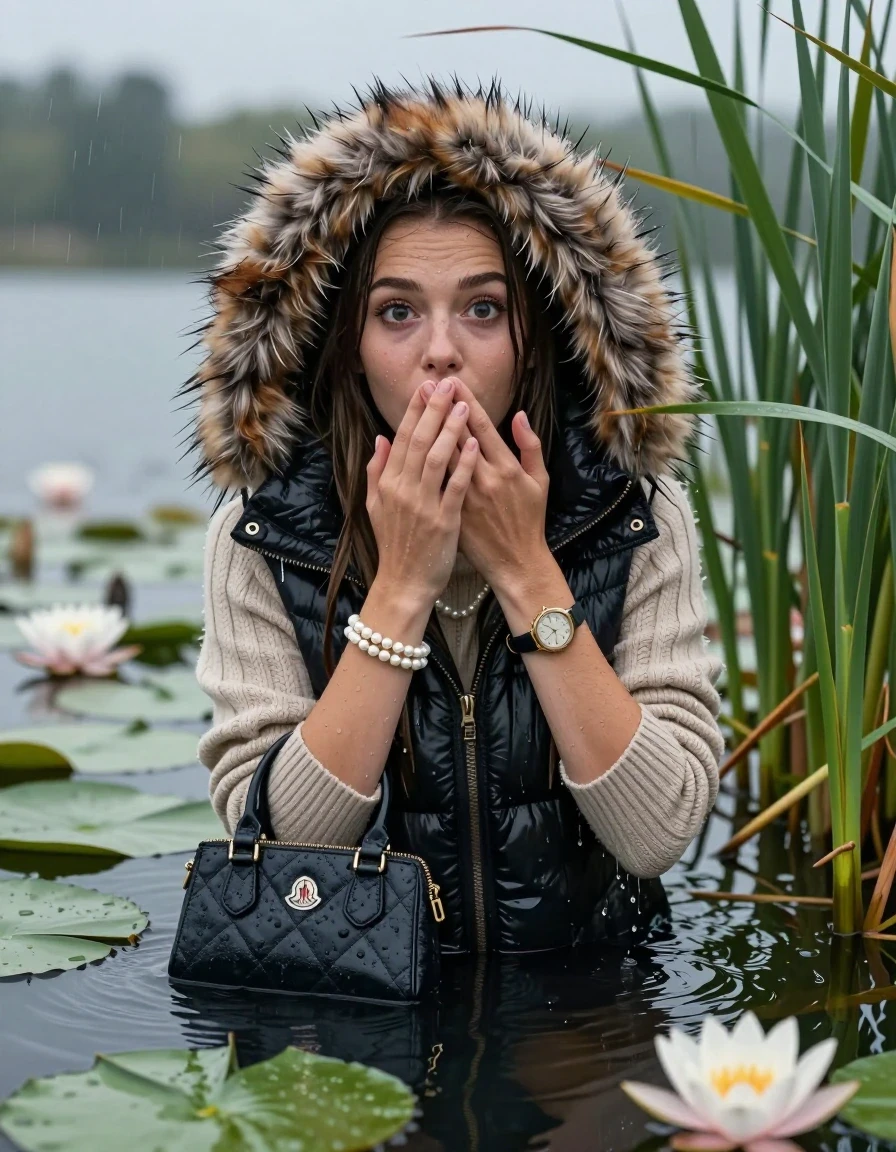 photo of young woman, in soaking wet, drenched clothes,
, , Moncler gilet with big fur hood,  knit turtleneck sweater, handbag, pearl necklace, bracelet, wristwatch , Emerging after diving in a lake with water lilies and reeds, rain , 
enjoying, wet clothes stuck to body,
detailed textures of the wet clothes, wet face, wet plastered hair,
wet, drenched, professional, high-quality details, full body view.
sharp focus, ultra-high pixel detail, realistic, high-quality, full colors, incredibly detailed, 4k, 8k, 16k, hyper-realistic, RAW photo, masterpiece, ultra-detailed, professionally color graded, professional photograph, Sleek long straight hair 

19 years old  teenage girl

open mouth, big eyes, cover her mouth with a hand and in the other hand her smartphone. Laying her breast on the surface.  Looking at camera.

she is completely underwater up to her neck, afraid and astonished expression.

She hides in the reeds and is surprised by spectators

her submerged clothes are hardly vusible under water, she soaked her handbag into the water

close up view, wet skin, wet clothes, wet hair, damp fabric, water runs down the clothes, wet skin, wet clothes, damp fabric, wet skin, wet clothes, damp fabric, wet skin, wet clothes, damp fabric, wet skin, wet clothes, damp fabric, wet skin, wet clothes, damp fabric, wet skin, wet clothes, damp fabric, wet skin, wet clothes, damp fabric, wet skin, wet clothes, damp fabric, wet skin, wet clothes, damp fabric, wet skin, wet clothes, damp fabric, wet skin, wet clothes, damp fabric, wet skin, wet clothes, damp fabric, wet skin, wet clothes, damp fabric, wet skin, wet clothes, damp fabric, wet skin, wet clothes, damp fabric, wet skin, wet clothes, damp fabric, wet skin, wet clothes, damp fabric