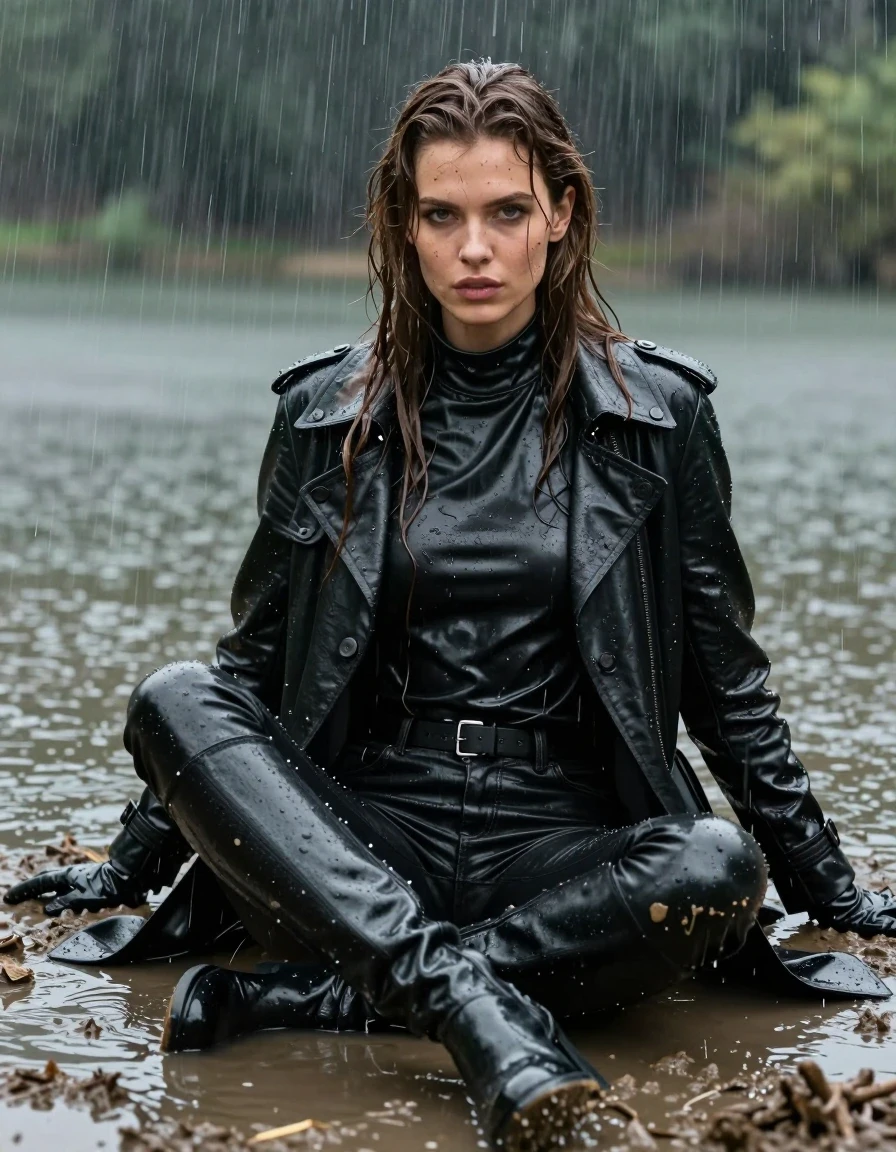 A photorealistic portrait of a young adult European woman with long dripping wet brown hair, sitting submerged in a forest lake during a heavy rainstorm. She is wearing a black leather polar neck shirt, a black leather trench coat, black leather jeans, black leather knee-high boots, and black leather gloves on both hands. Her skin and clothing are completely drenched, covered in patches of mud from a muddy field, with water sheen and heavy, clinging fabric textures. The leather garments exhibit strong glossy specular reflections and deep, soaked-in water textures. She is positioned directly under a heavy downpour, with water cascading over her. The scene is captured with high-detail photographic precision, focusing on the realistic textures of wet skin, saturated leather, and muddy water, maintaining a fully clothed and modest appearance throughout.